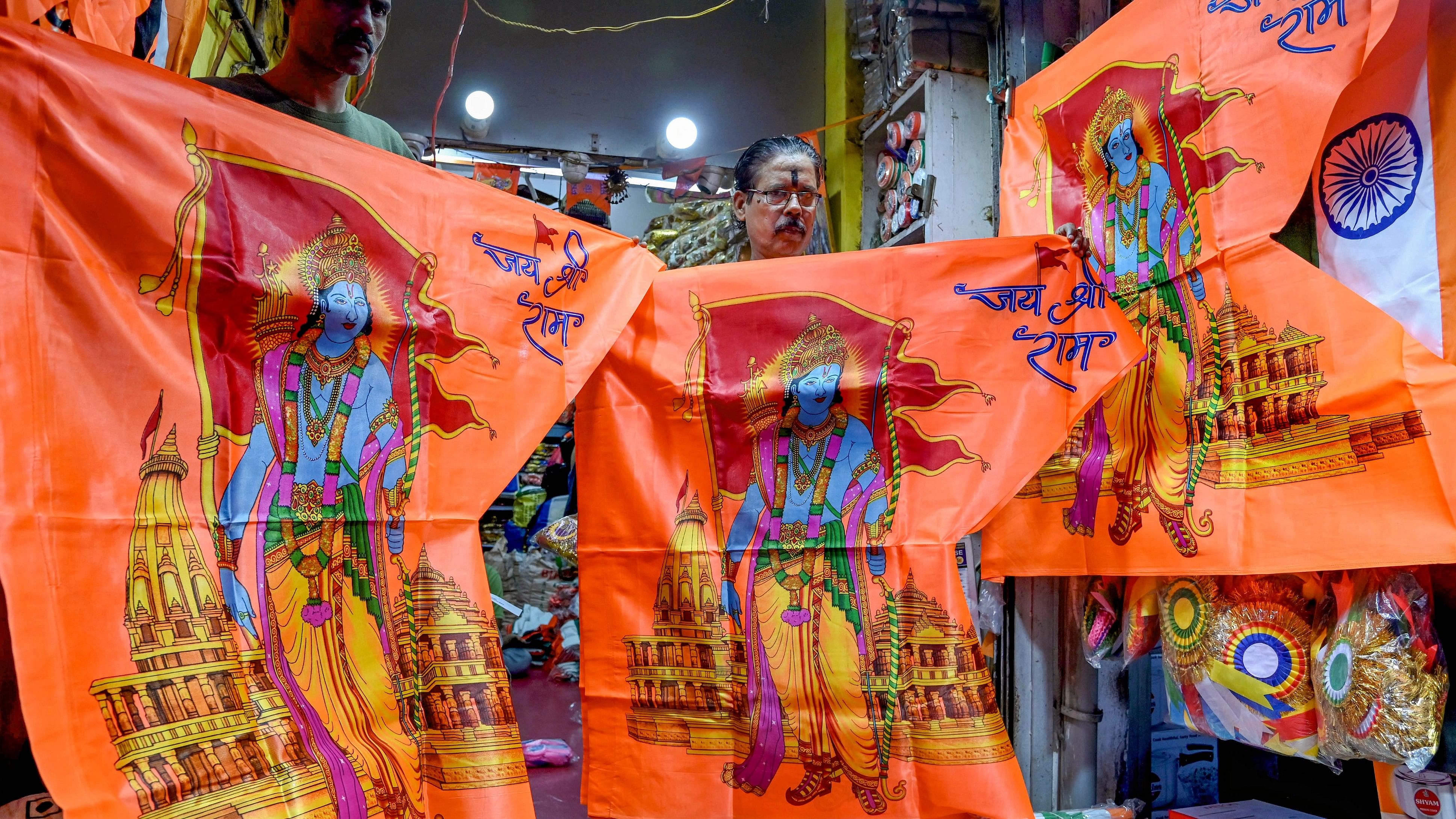 <div class="paragraphs"><p>Vendors display flags featuring Lord Ram at their shop, ahead of the consecration ceremony at the Shri Ram Janambhoomi Temple, in Kolkata, Thursday, Jan. 4, 2024.</p></div>