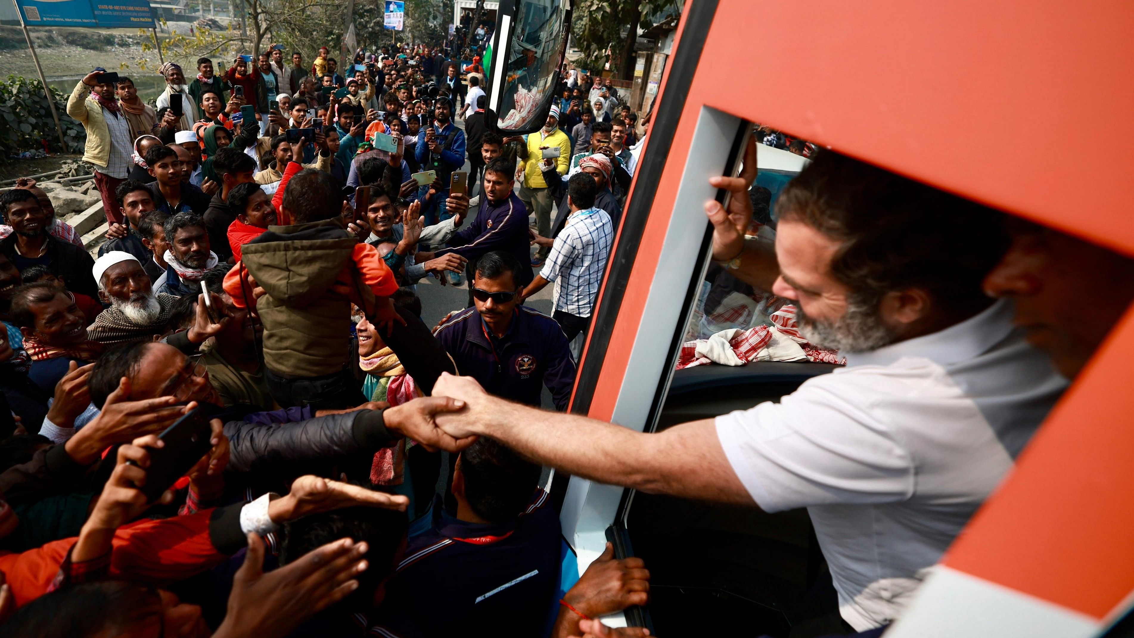 <div class="paragraphs"><p>Rahul Gandhi greets supporters in Assam during the Yatra.</p></div>