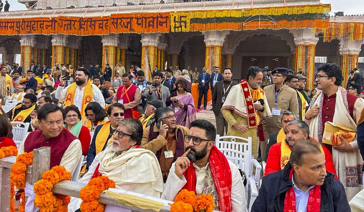 <div class="paragraphs"><p>Ayodhya: Bollywood actors Amitabh Bachchan and Abhishek Bachchan, industrialist Anil Ambani and other dignitaries at the Ram Mandir ahead of the consecration ceremony, in Ayodhya, Monday, Jan. 22, 2024.</p></div>