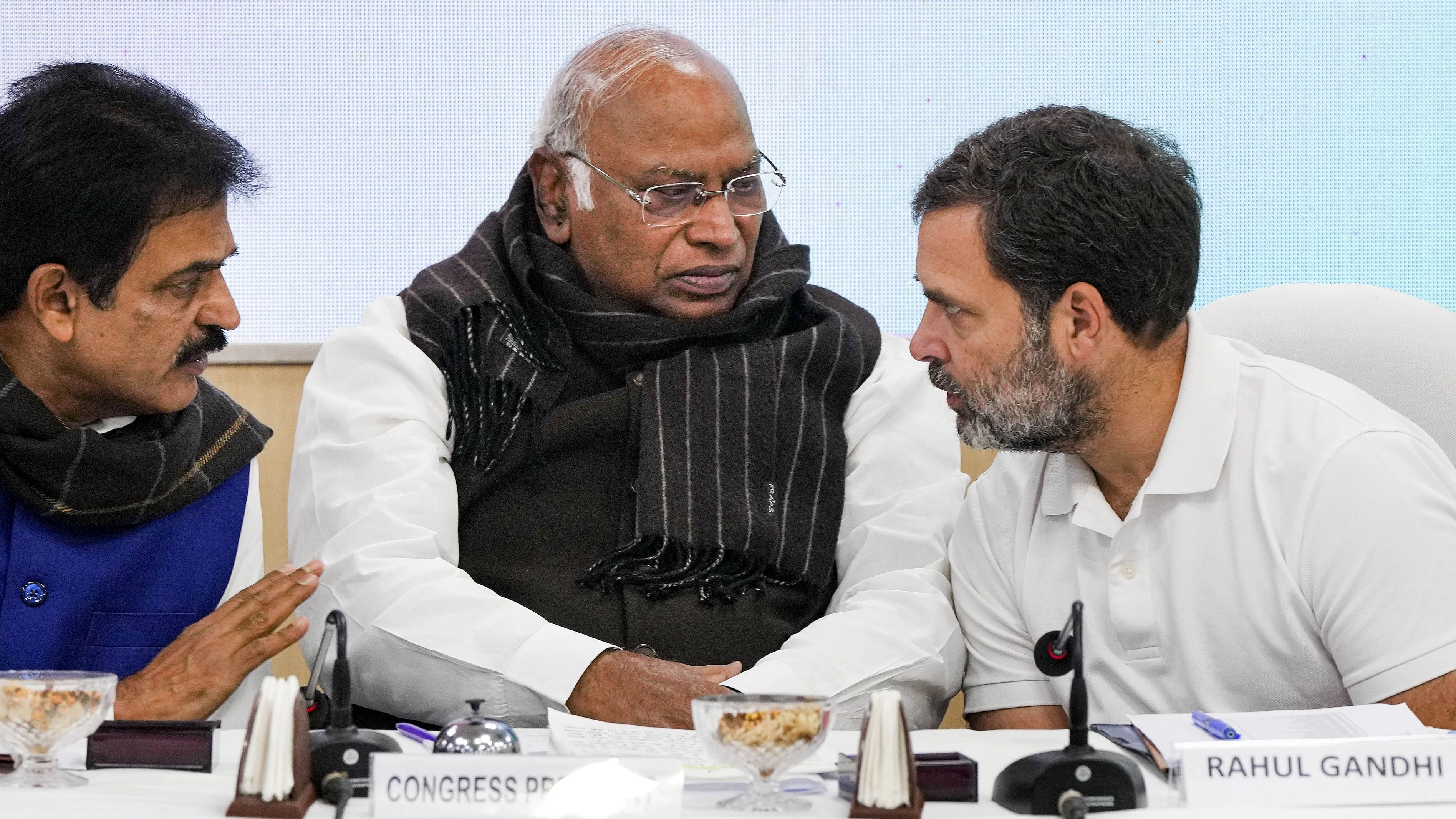 <div class="paragraphs"><p>Congress President Mallikarjun Kharge with party leaders Rahul Gandhi and KC Venugopal during a meeting of the party's general secretaries/ in-charges, Pradesh Congress Committee (PCC) presidents and Congress Legislative Party (CLP) leaders.</p></div>