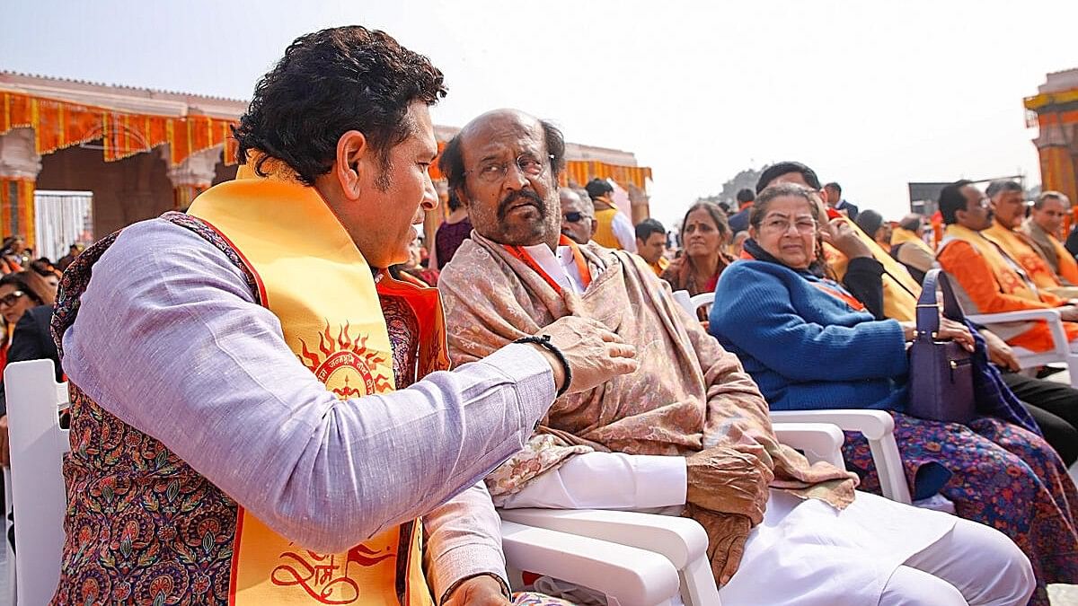 <div class="paragraphs"><p>Cricket legend Sachin Tendulkar with actor Rajinikanth during the Ram Mandir 'Pran Pratishtha' Mahotsav, in Ayodhya, Monday, Jan. 22, 2024.</p></div>