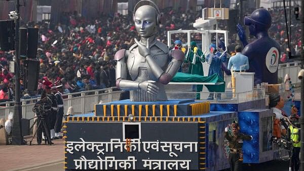 <div class="paragraphs"><p>Ministry of Electronics and Information Technology tableau on display during the full-dress rehearsal for the Republic Day Parade 2024 at the Kartavya Path, in New Delhi.</p></div>