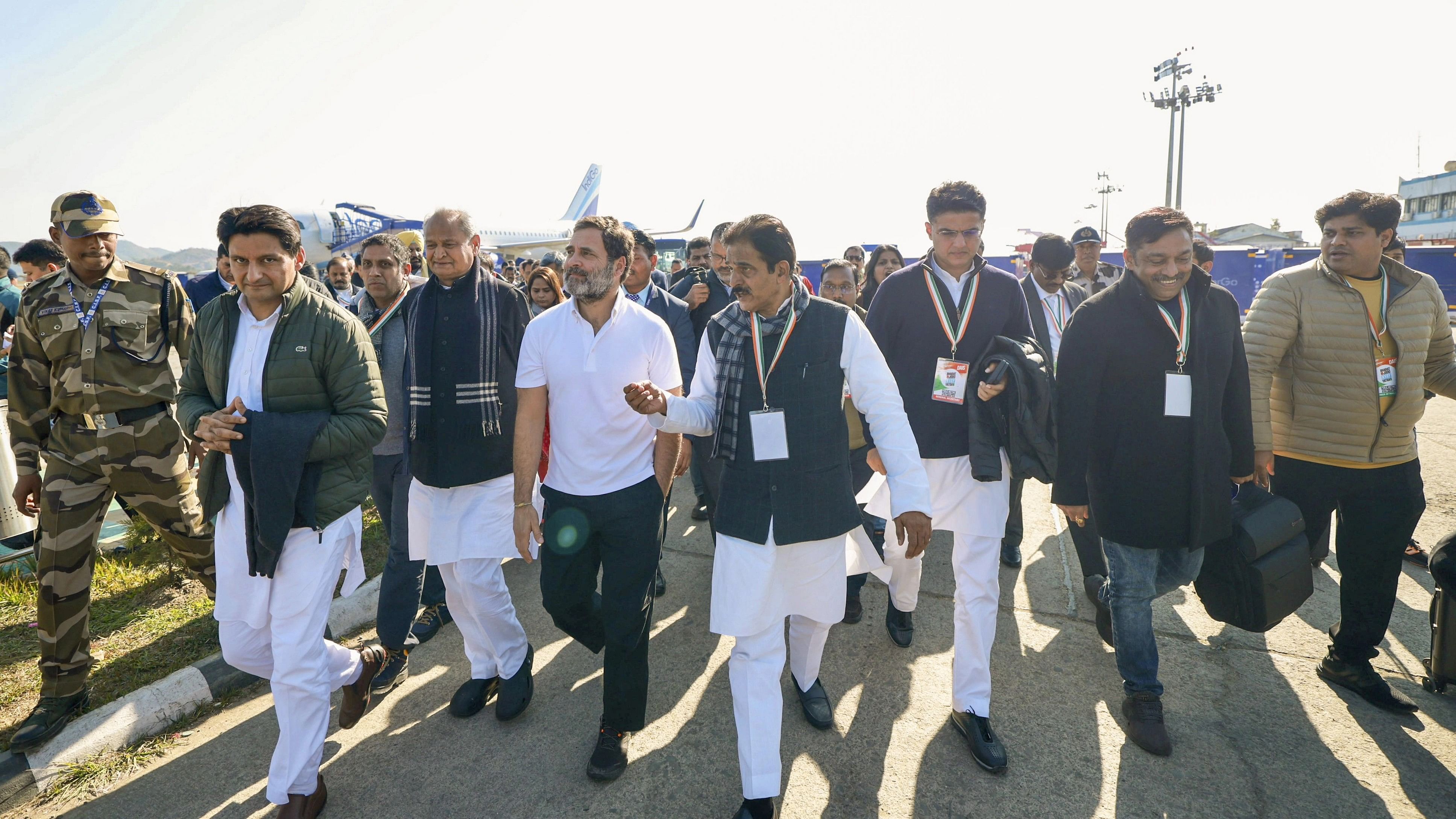 <div class="paragraphs"><p>Congress leaders Rahul Gandhi, Ashok Gehlot, Sachin Pilot, KC Venugopal, Deepender Singh Hooda and others upon their arrival in Imphal ahead of the Bharat Jodo Nyay Yatra.</p></div>