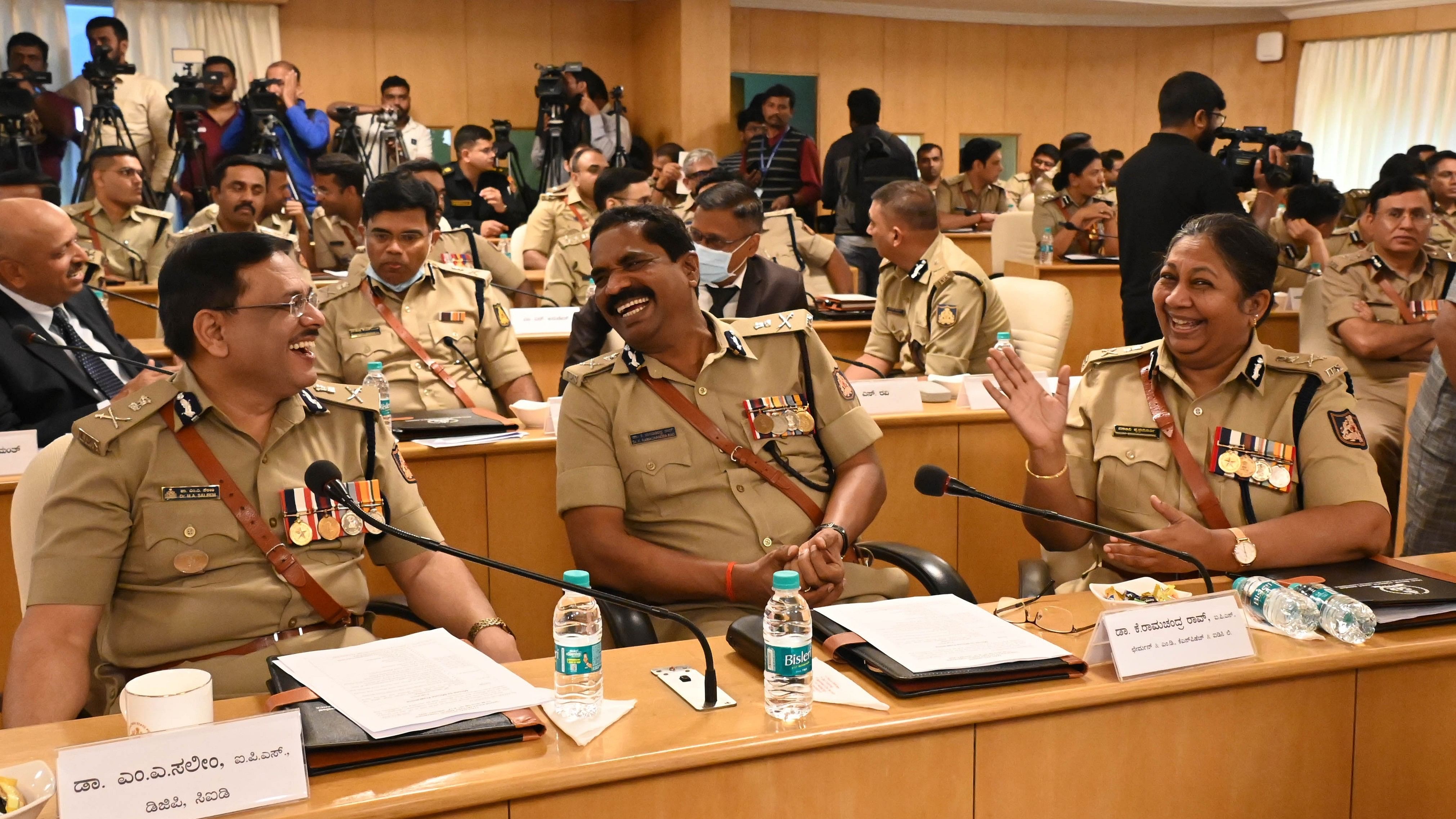 <div class="paragraphs"><p>Senior police officers M A Saleem, K Ramachandra Rao and Malini Krishnamurthy share a lighter moment during the state senior police officers’ conference in Bengaluru on Tuesday. </p></div>