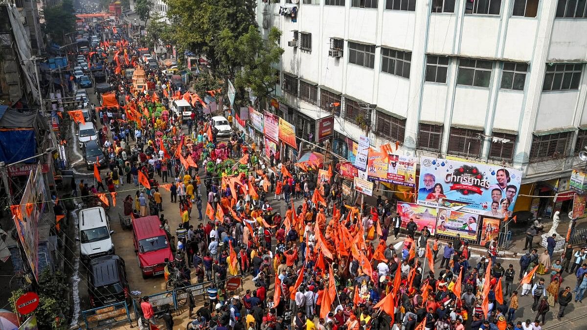 <div class="paragraphs"><p>Devotees participate in a procession on the occasion of Ayodhya Ram Mandir 'Pran Pratishthan', in Kolkata, Monday.</p></div>