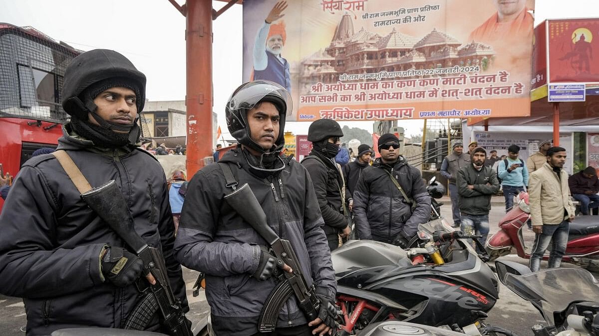 <div class="paragraphs"><p>Security personnel stand guard ahead of the consecration ceremony of Ram Mandir, in Ayodhya.</p></div>