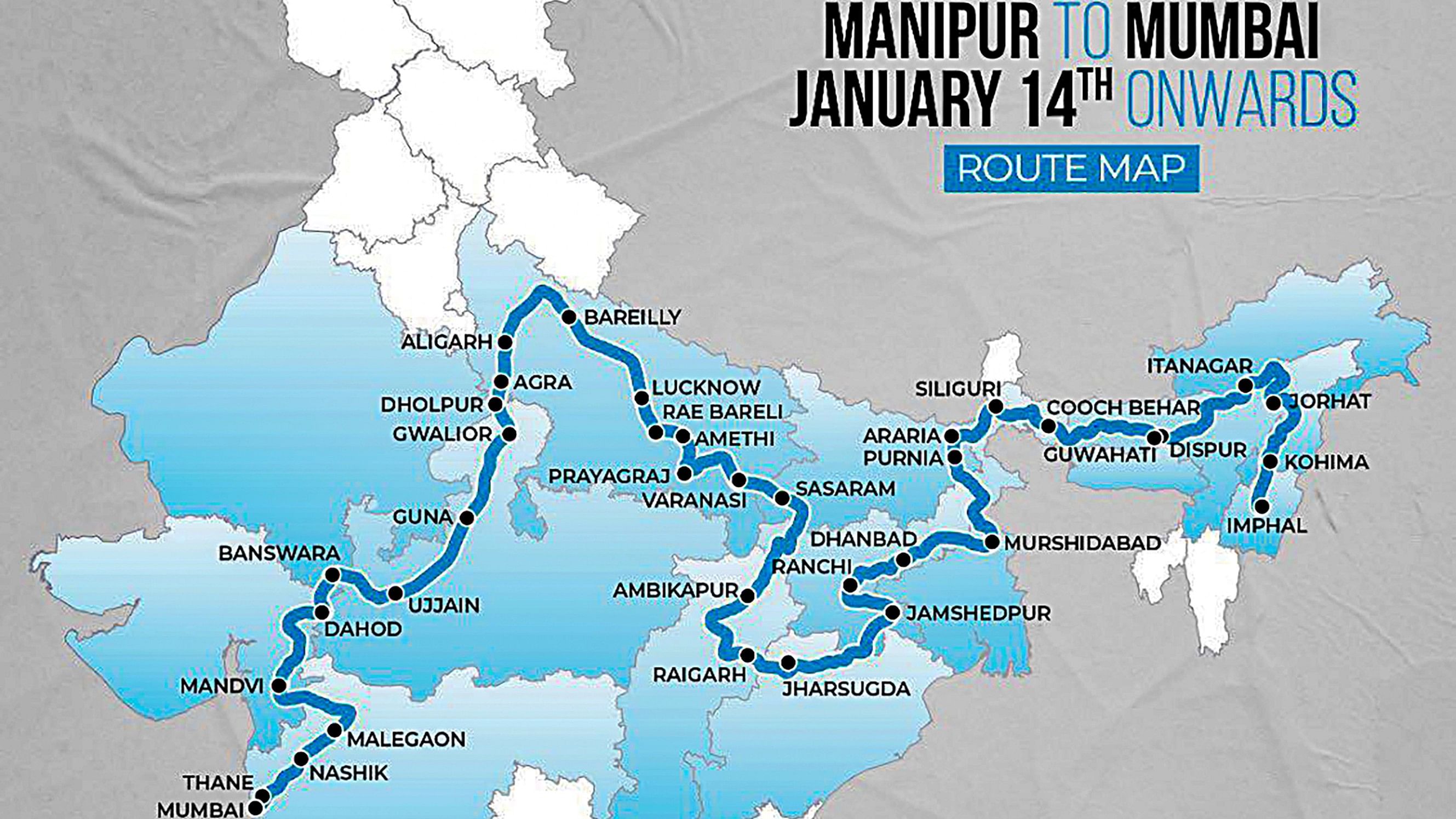 <div class="paragraphs"><p>This illustration shows the route map of Bharat Jodo Nyay Yatra being launched by the Congress party from Manipur to Mumbai on Jan. 14, 2024. </p></div>