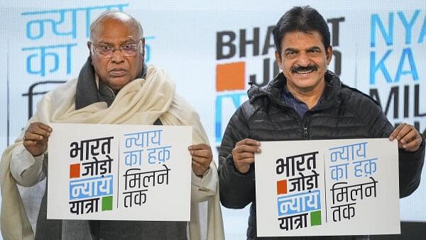 <div class="paragraphs"><p>Congress President Mallikarjun Kharge with the party leader KC Venugopal during the launch of logo and anthem for the Bharat Jodo Nyay Yatra, in New Delhi, Saturday, Jan. 6, 2024. </p></div>