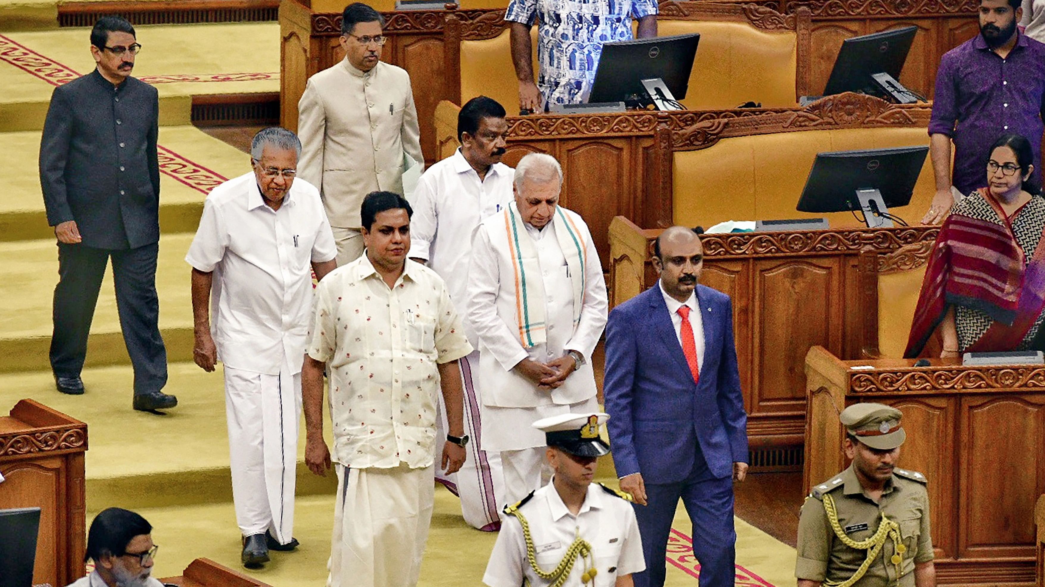 <div class="paragraphs"><p>Kerala Governor Arif Mohammed Khan with Chief Minister Pinarayi Vijayan and Assembly Speaker A.N. Shamseer arrives on the first day of the State Assembly session, in Thiruvananthapuram, Thursday, January 25, 2024.</p></div>