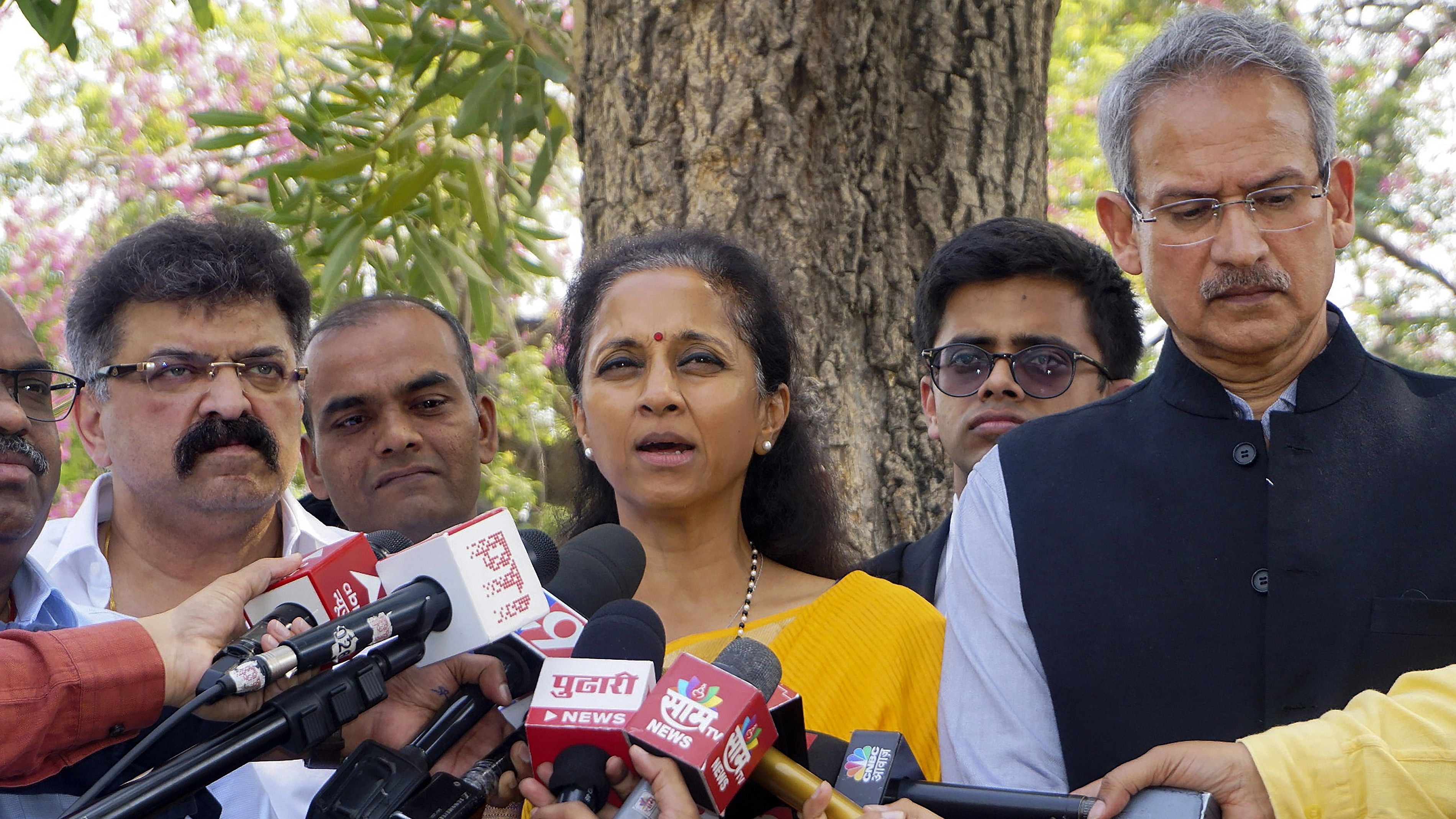 <div class="paragraphs"><p>NCP leader Supriya Sule with Shiv Sena (UBT) leader Anil Desai  outside the Supreme Court in New Delhi, on Oct 13, 2023 after entering a plea asking the court to direct the&nbsp; Maharashtra assembly speaker to decide on disqualification of MLAs of Ajit Pawar group and Eknath Shinde group.</p></div>