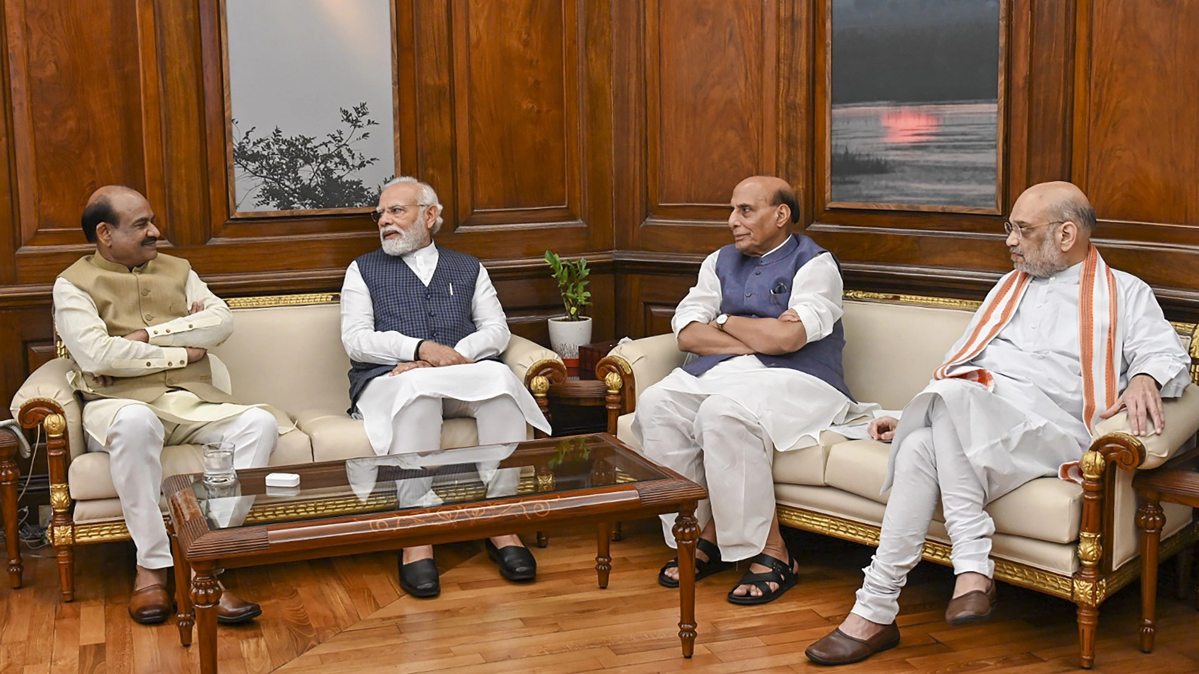 <div class="paragraphs"><p>New Delhi: Prime Minister Narendra Modi with Lok Sabha Speaker Om Birla, Minister for Defence Rajnath Singh and Minister for Home Affairs and Cooperation Amit Shah after the conclusion of the 12th Session of the 17th Lok Sabha in New Delhi.</p></div>