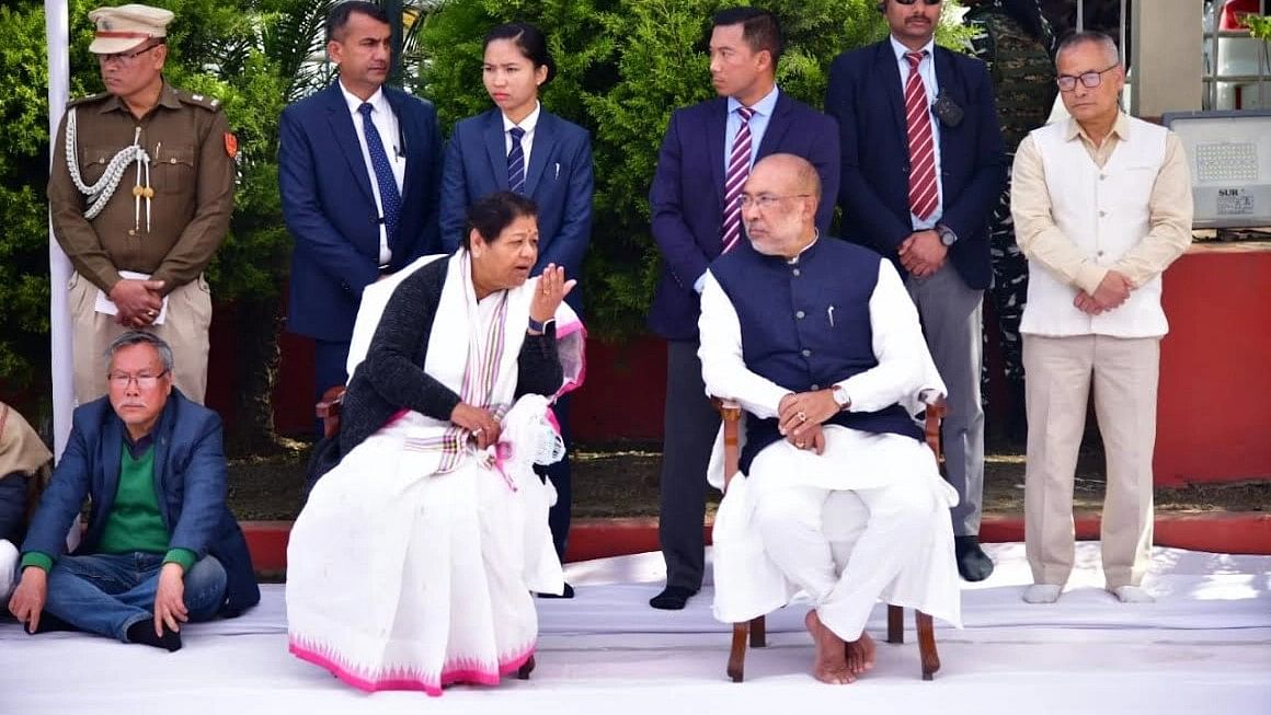 <div class="paragraphs"><p>Manipur Governor Anusuiya Uikey and CM N Biren Singh at the Marty's Day programme at Imphal, on Tuesday.  </p></div>