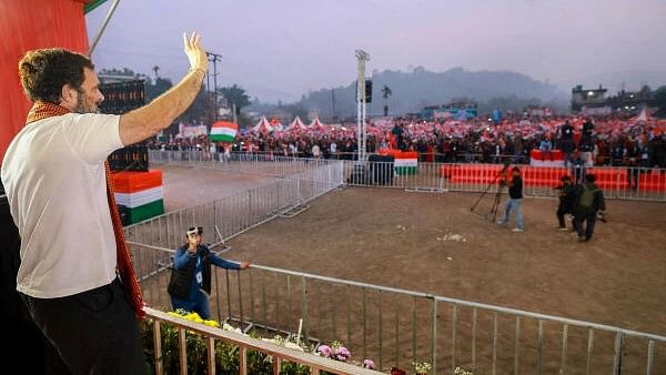 <div class="paragraphs"><p>Congress leader Rahul Gandhi waves to the gathering at a public meeting at Nongpoh during the Bharat Jodo Nyay Yatra, in Ri Bhoi district, Monday, January 22, 2024.</p></div>