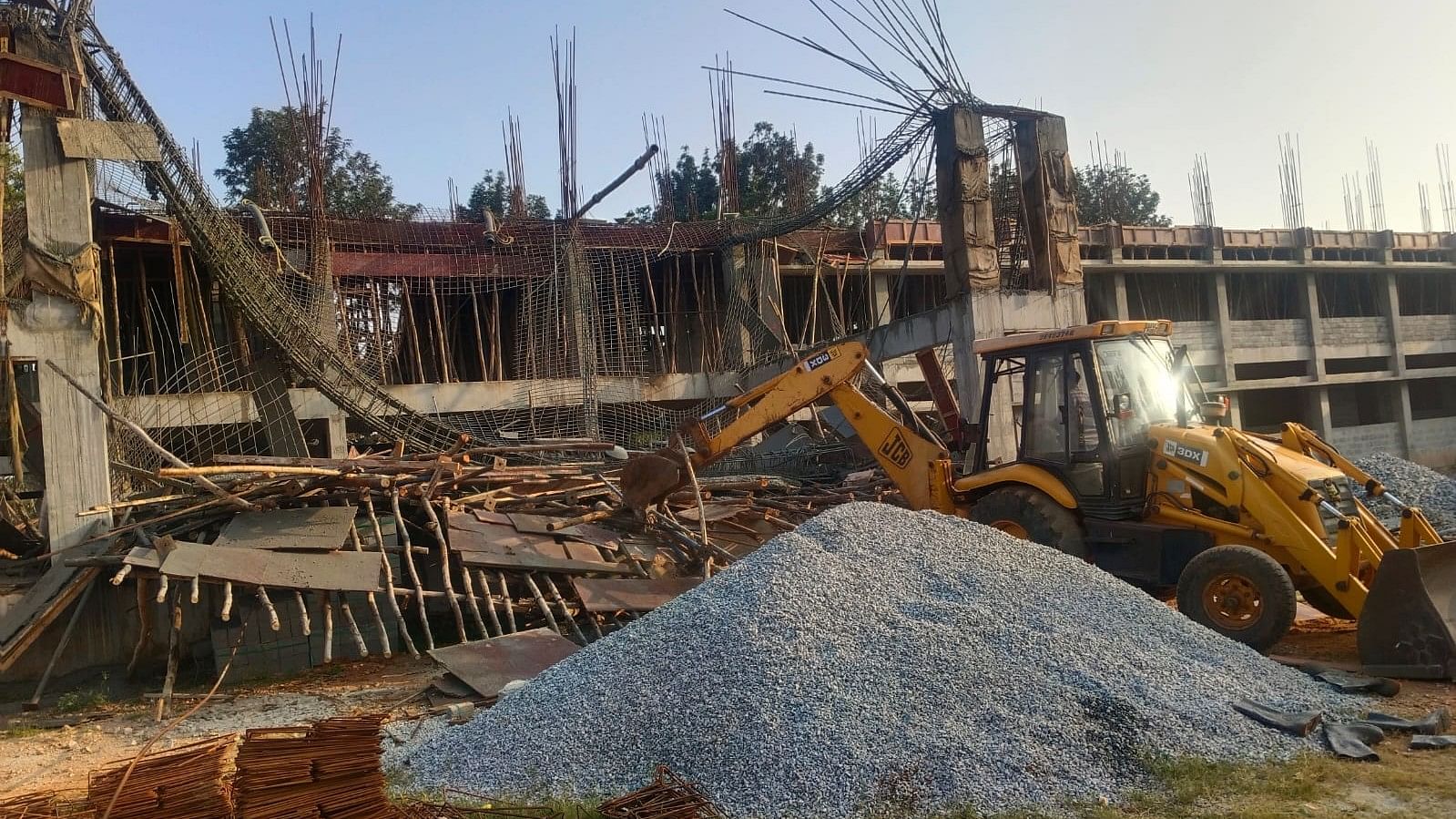 <div class="paragraphs"><p>A part of an under-construction school building that collapsed in Anekal, Bengaluru Rural district, on Friday. </p></div>