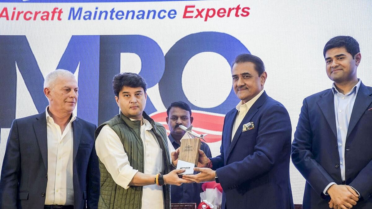 <div class="paragraphs"><p>Union Minister of Civil Aviation Jyotirditya Scindia being feliciated by NCP leader Praful Patel during the inauguration of the AAR Indamer MRO facility, in Nagpur, Friday Jan. 12, 2024.</p></div>