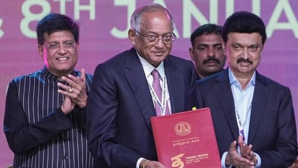 <div class="paragraphs"><p>Union Commerce &amp; Industry Minister Piyush Goyal and Tamil Nadu Chief Minister M K Stalin with TVS Chairman Venu Srinivasan at the inauguration of the Global Investors Meet 2024, at Nandambakkam, in Chennai, Sunday, Jan. 7, 2024. </p></div>