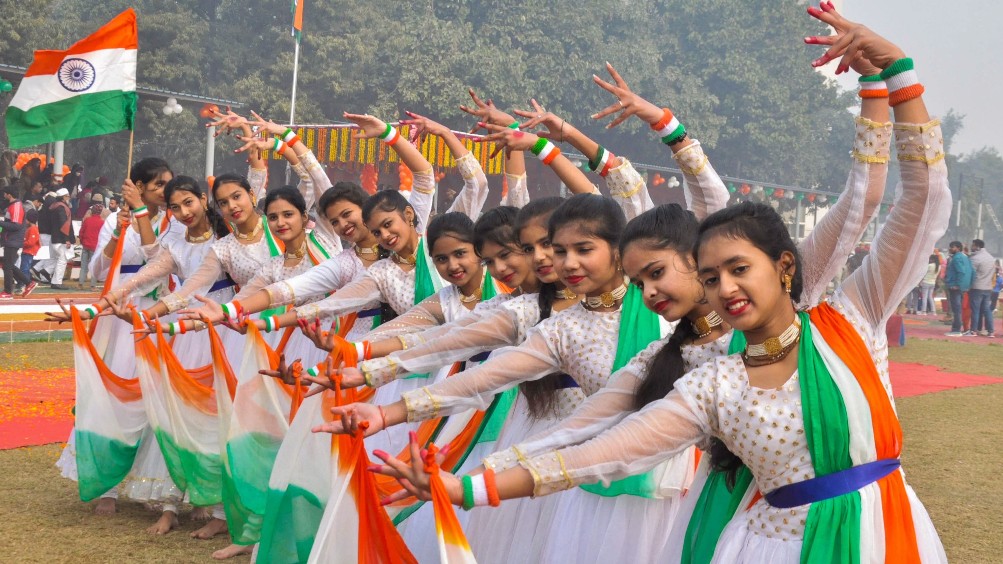 <div class="paragraphs"><p>School students perform during the 75th Republic Day celebrations, in Moradabad, January 26, 2024. </p></div>