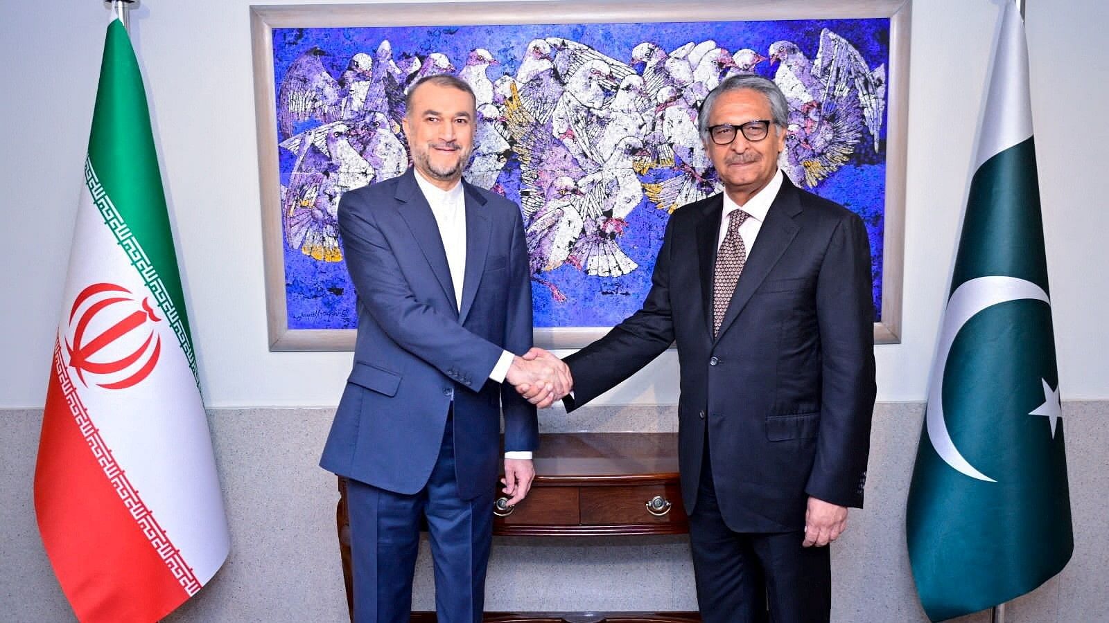 <div class="paragraphs"><p>Pakistan's caretaker Foreign Minister Jalil Jilani (right) shakes hands with Iran's Foreign Minister Hossein Amir Abdollahian in Islamabad.</p></div>