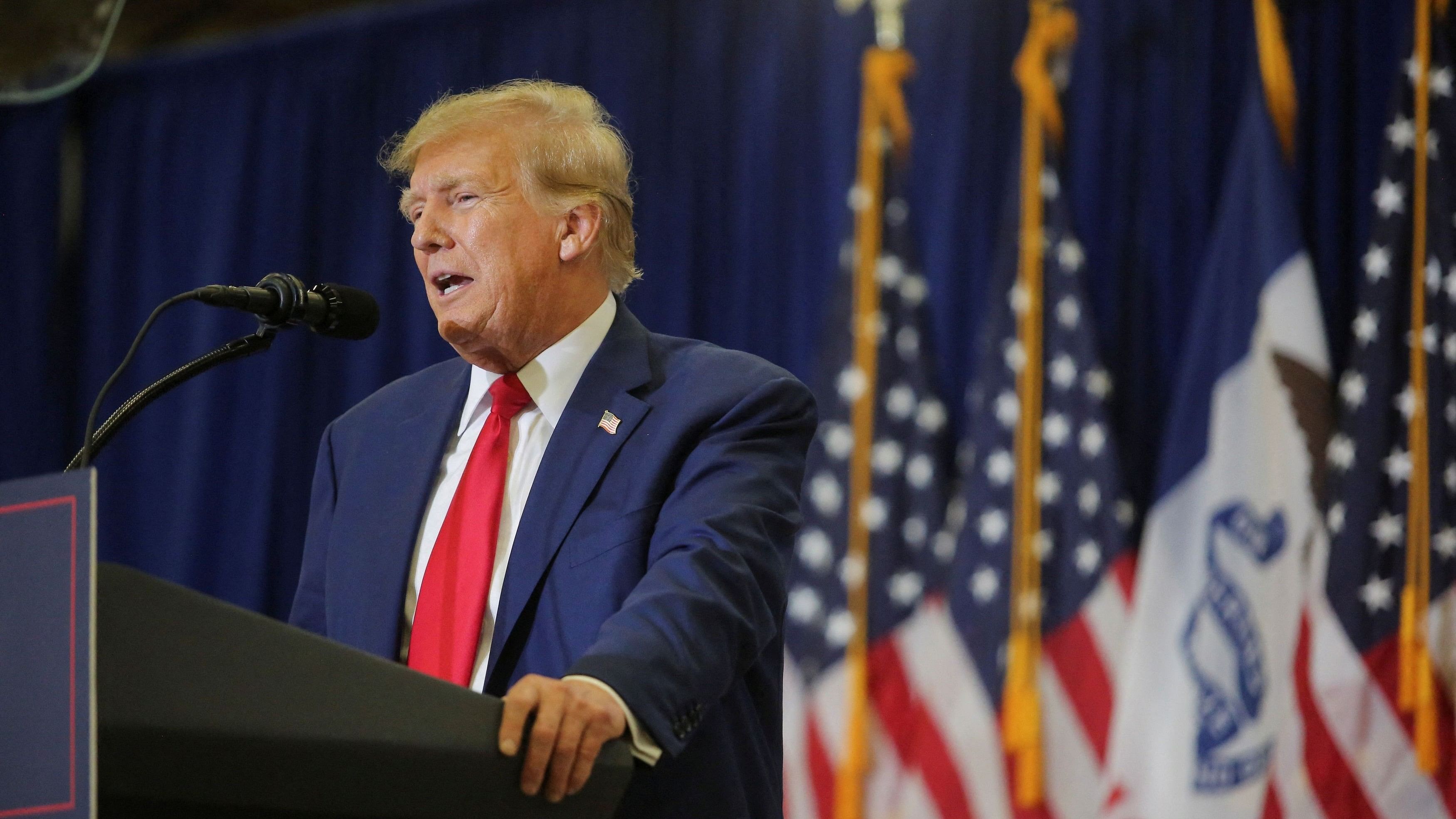 <div class="paragraphs"><p>Former US President and Republican presidential candidate Donald Trump campaigns in Mason City, Iowa, US, January 5, 2024. </p></div>