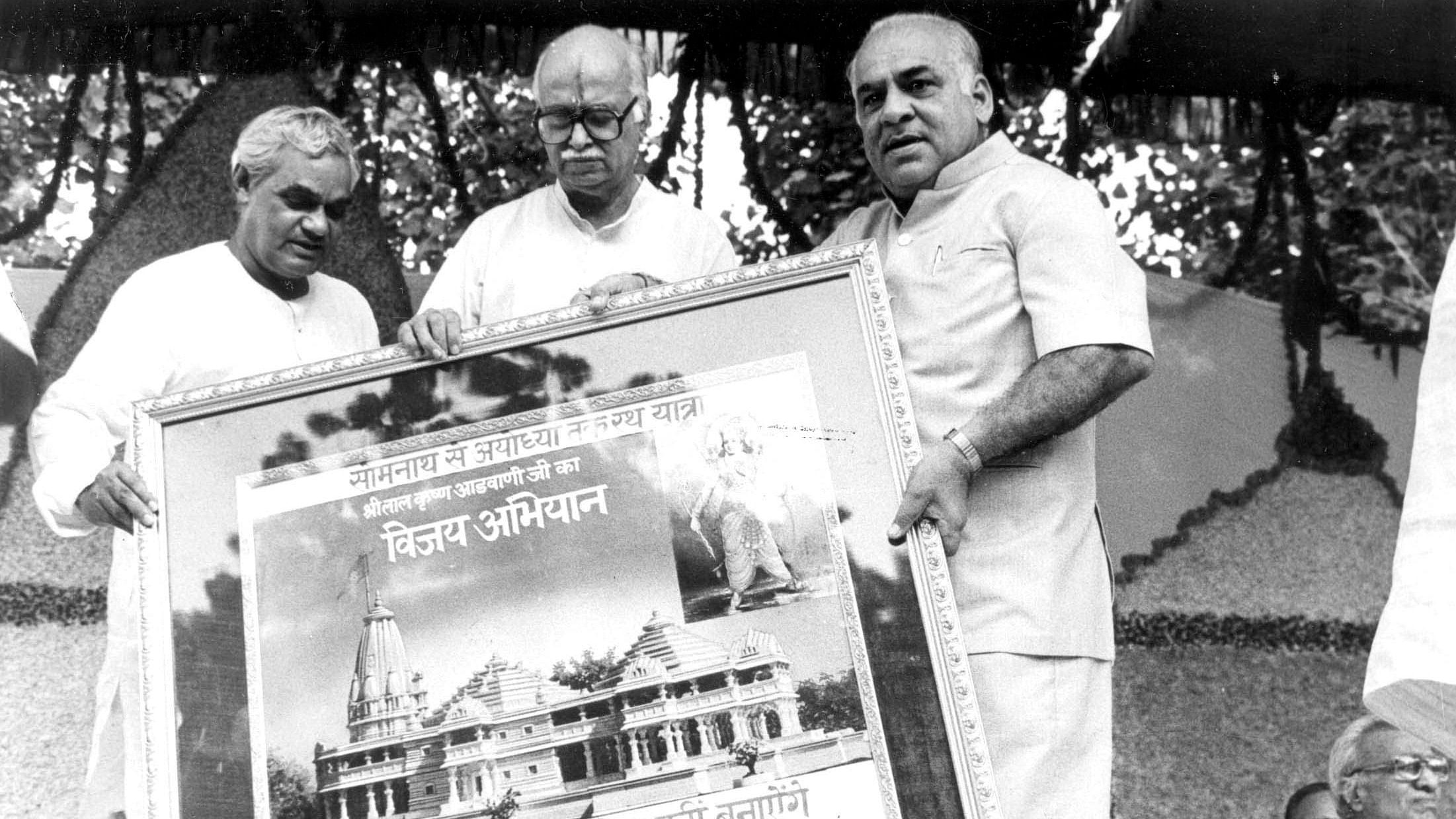 <div class="paragraphs"><p>An archive picture of  Atal Bihari Vajpayee and Madan Lal Khurana  presenting a large painting of the proposed Ram Mandir at Ayodhya to L K Advani before his Rath Yatra from Somnath to Ayodhya, in New Delhi.</p></div>