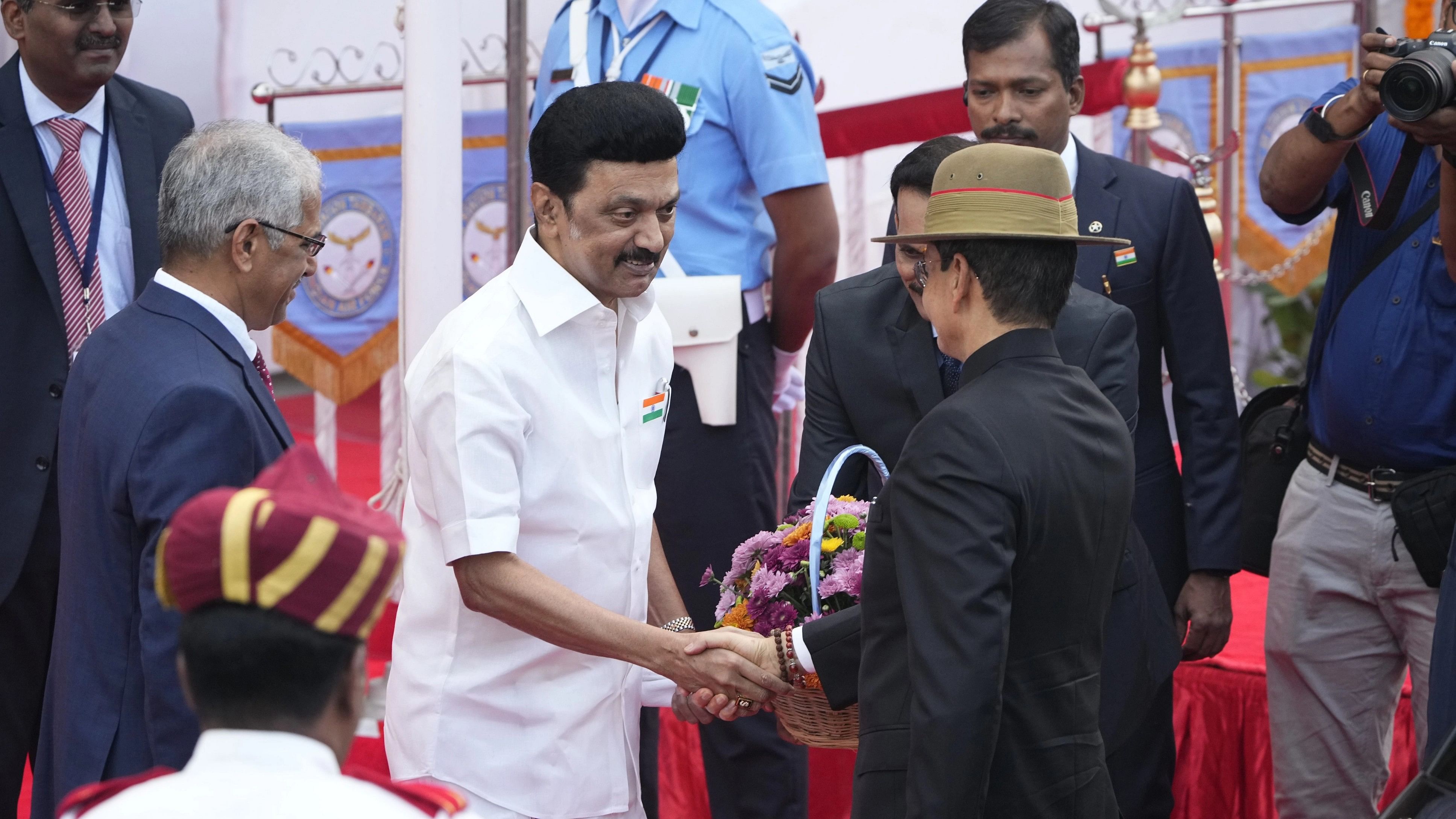 <div class="paragraphs"><p>Tamil Nadu Governor RN Ravi being greeted by the state Chief Minister MK Stalin as he arrives for the 75th&nbsp;Republic&nbsp;Day function, at Kamarajar Salai in Chennai, Friday, January 26, 2024. </p></div>
