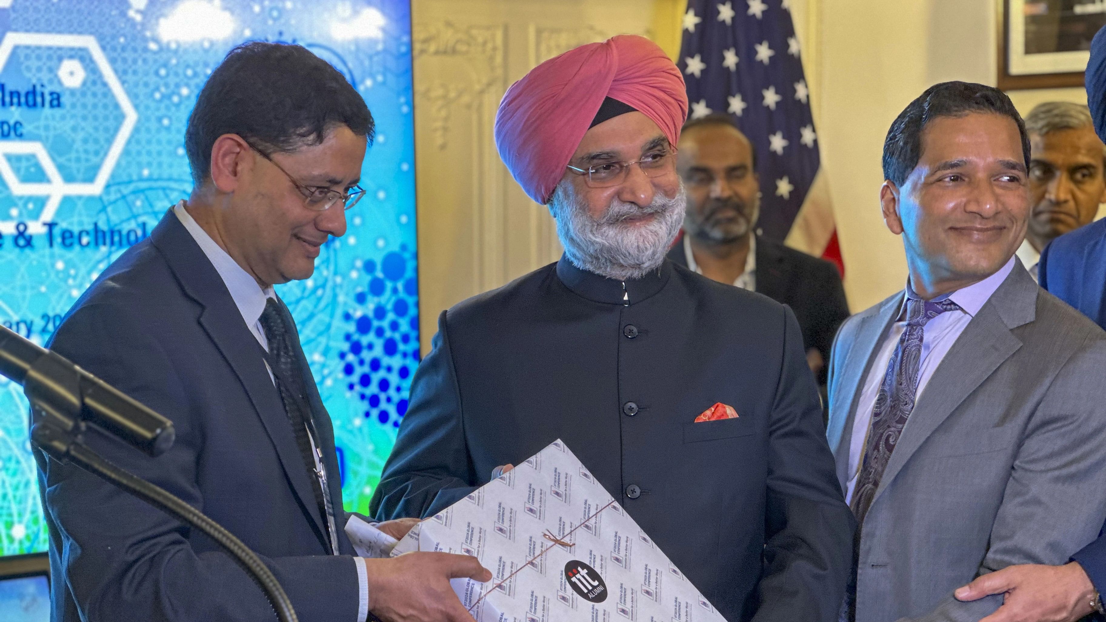 <div class="paragraphs"><p>India's Ambassador to US (in the centre) Taranjit Singh Sandhu during a reception hosted by Indian Embassy for participants of the PAN IIT Conference 2024, in Washington DC, USA. </p></div>