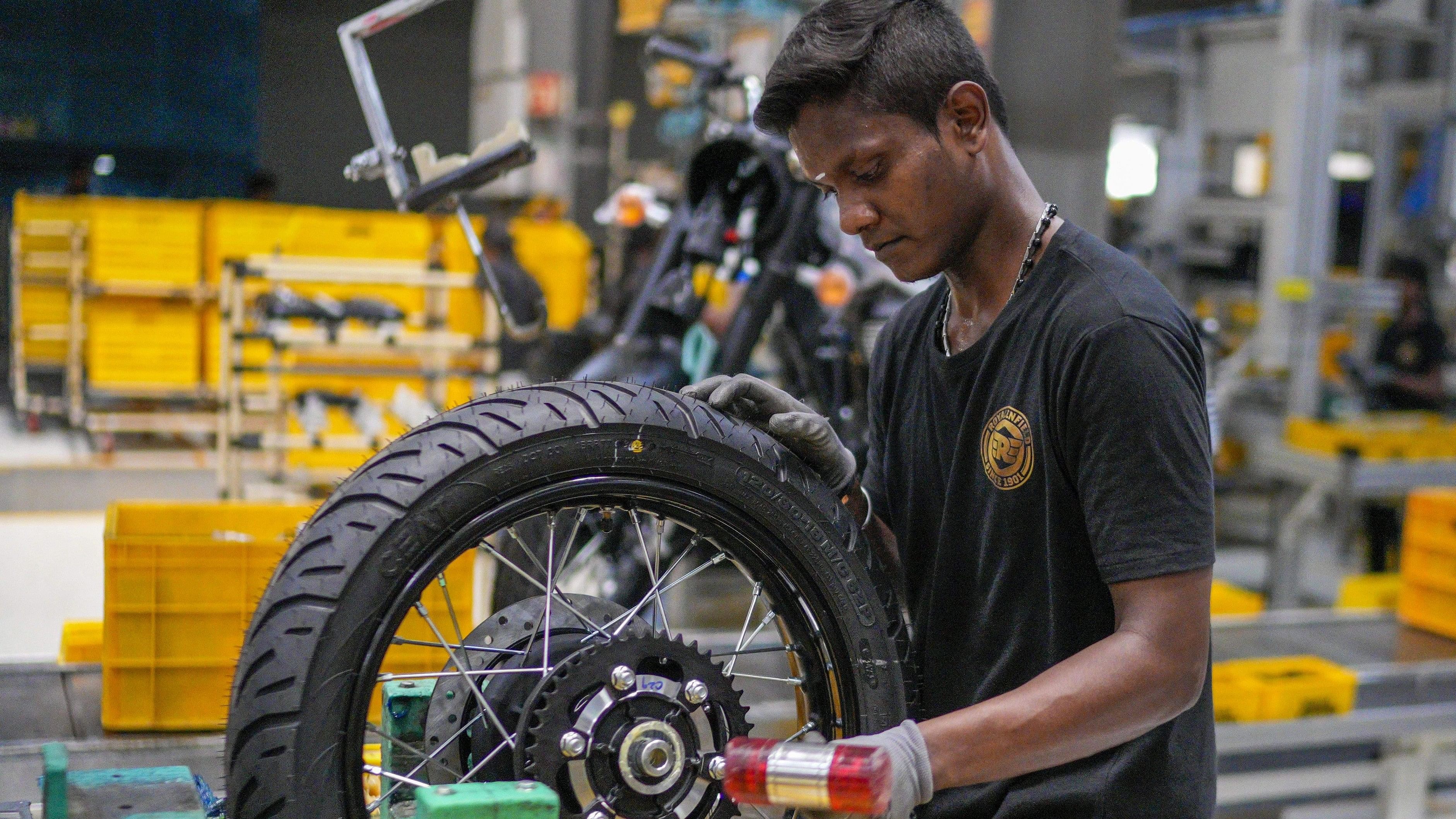 <div class="paragraphs"><p>Employees assemble Royal Enfield Motors Ltd. motorcycles at the company's manufacturing facility, in Chennai.</p></div>