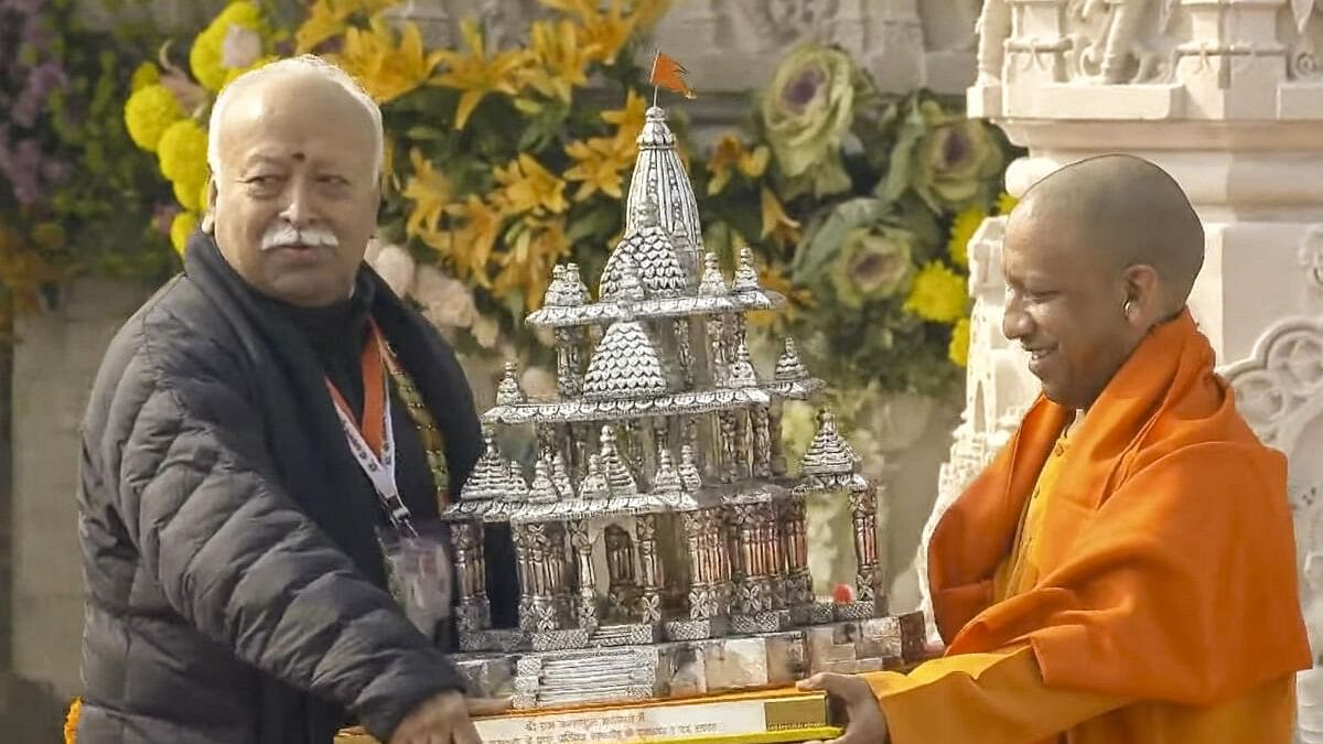 <div class="paragraphs"><p>RSS Chief Mohan Bhagwat being presented a replica of Ayodhya's Ram Mandir by Uttar Pradesh Chief Minister Yogi Adityanath.</p></div>