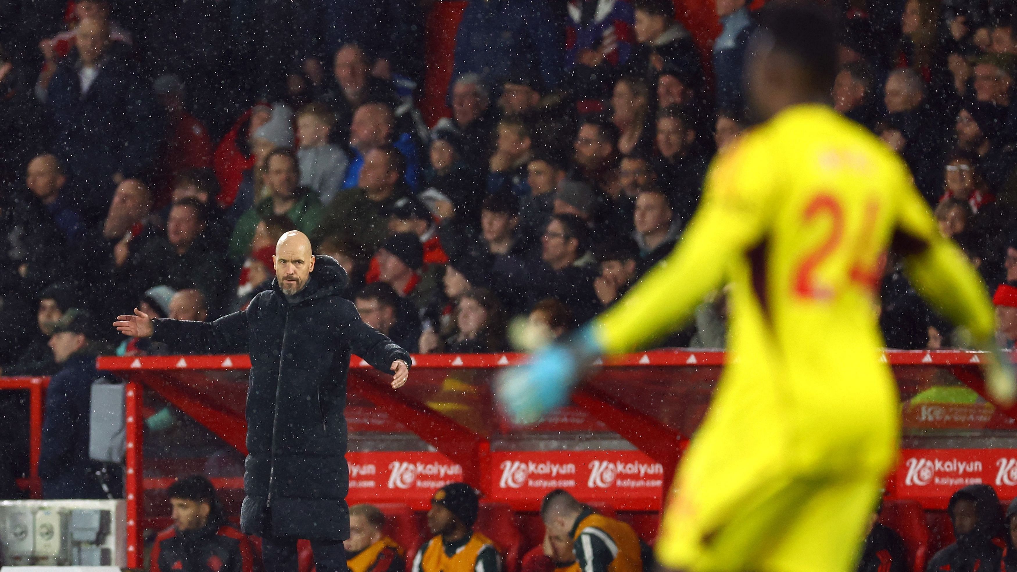 <div class="paragraphs"><p>Eric ten Hag reacts during Manchester United's match with Nottingham Forest.</p></div>