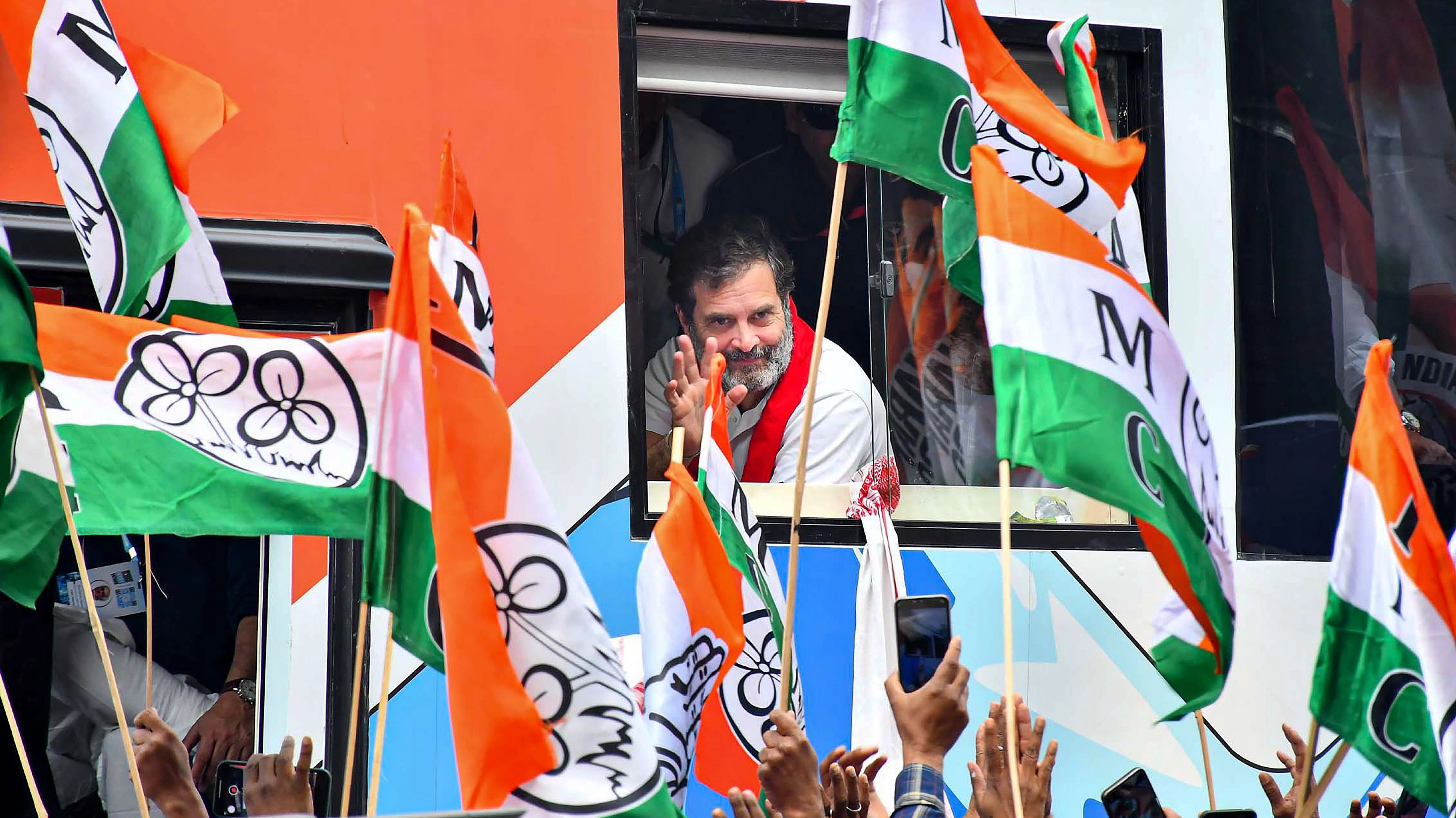 <div class="paragraphs"><p> Congress leader Rahul Gandhi waves at supporters during the Bharat Jodo Nyay Yatra, in Guwahati, Assam</p></div>