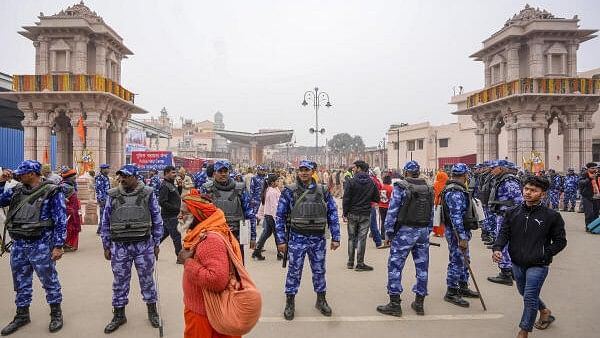 <div class="paragraphs"><p>Security personnel stand guard at the entry point of the Ram Mandir in Ayodhya, Uttar Pradesh.</p></div>