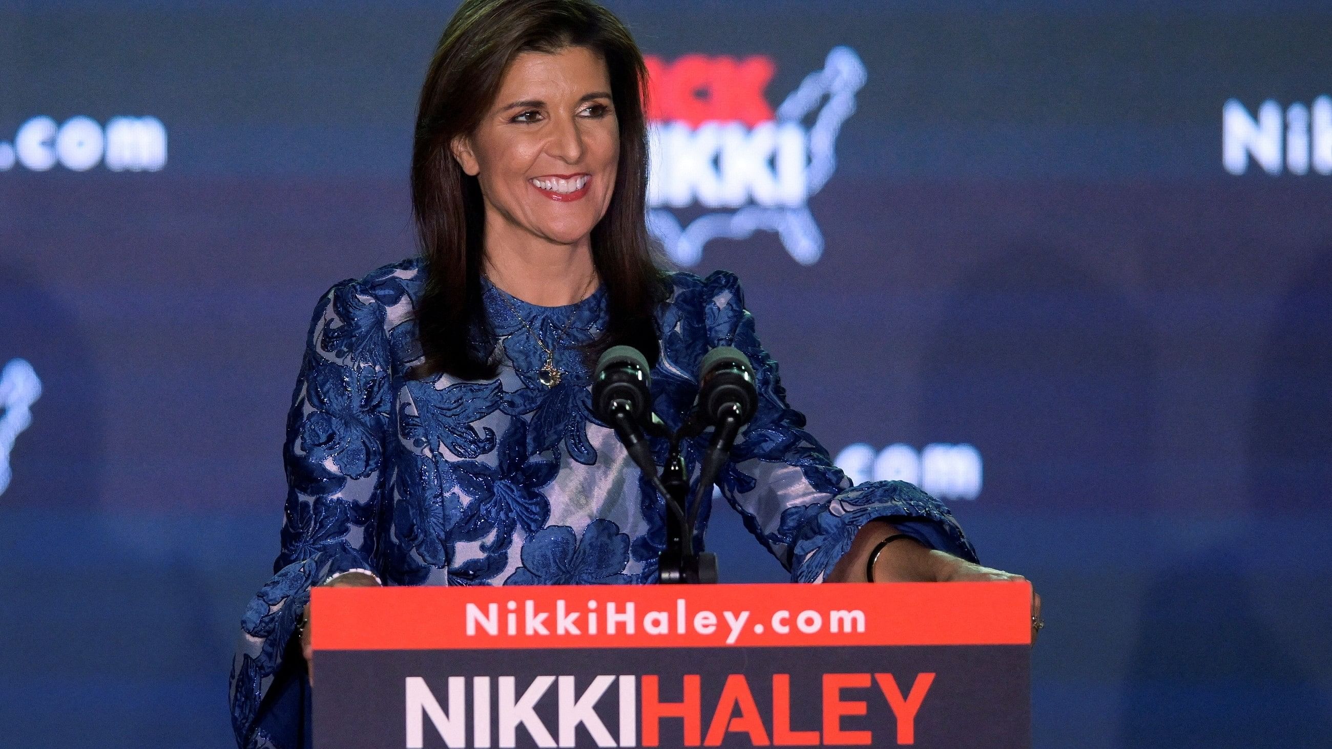 <div class="paragraphs"><p>Republican presidential candidate and former US Ambassador to the United Nations Nikki Haley speaks during her New Hampshire presidential primary election night rally in Concord, New Hampshire, US, January 23, 2024.</p></div>