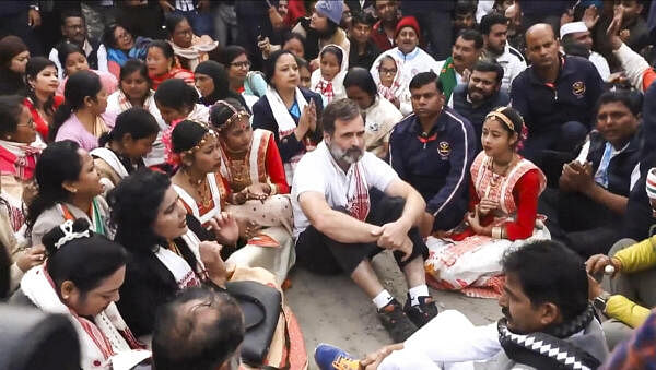 <div class="paragraphs"><p>Congress leader Rahul Gandhi with party leaders and supporters sits in protest after he was not allowed to visit the Sri Sri Sankar Dev Satra during the Bharat Jodo Nyay Yatra, in Nagaon district, Assam.</p></div>