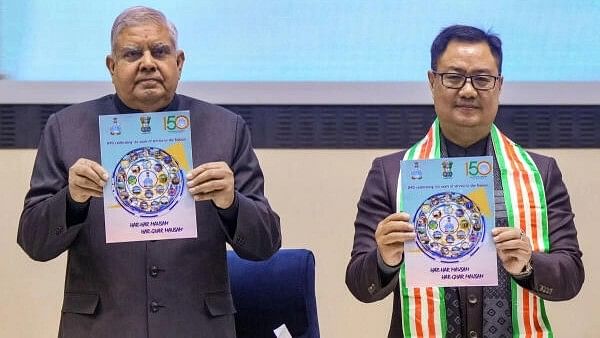 <div class="paragraphs"><p>Vice President Jagdeep Dhankhar along with Union Minister of Earth Sciences Kiren Rijiju releases a souvenir during the inaugural ceremony of celebrations marking 150 years of the India Meteorological Department.</p></div>