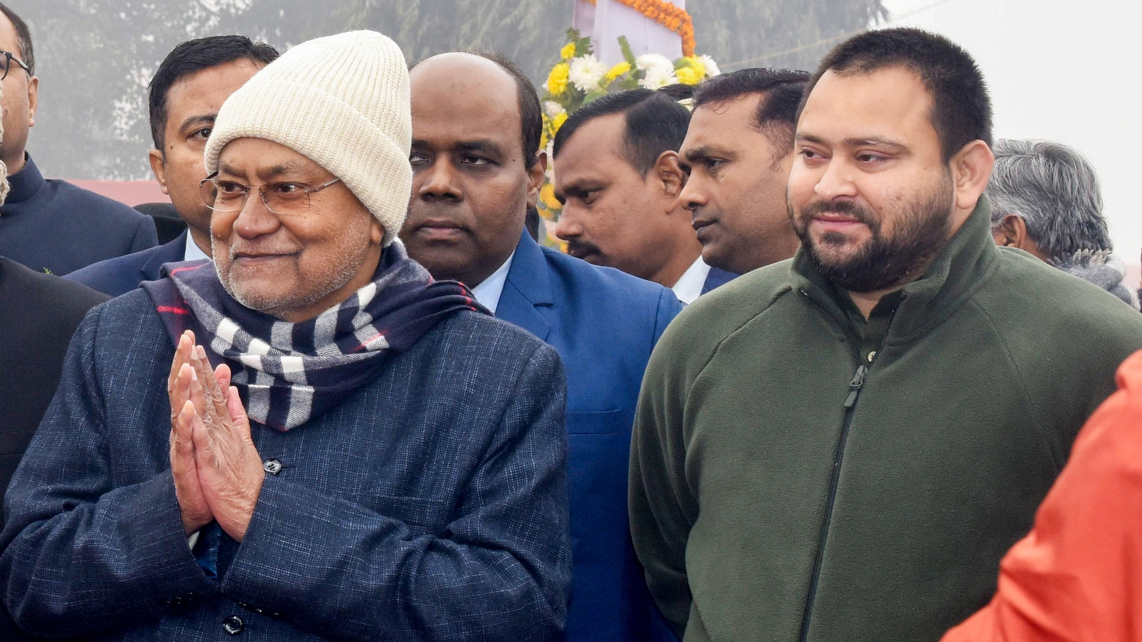 <div class="paragraphs"><p>Nitish Kumar and Tejashwi Yadav during Republic Day celebrations at Gandhi Maidan in Patna.</p></div>