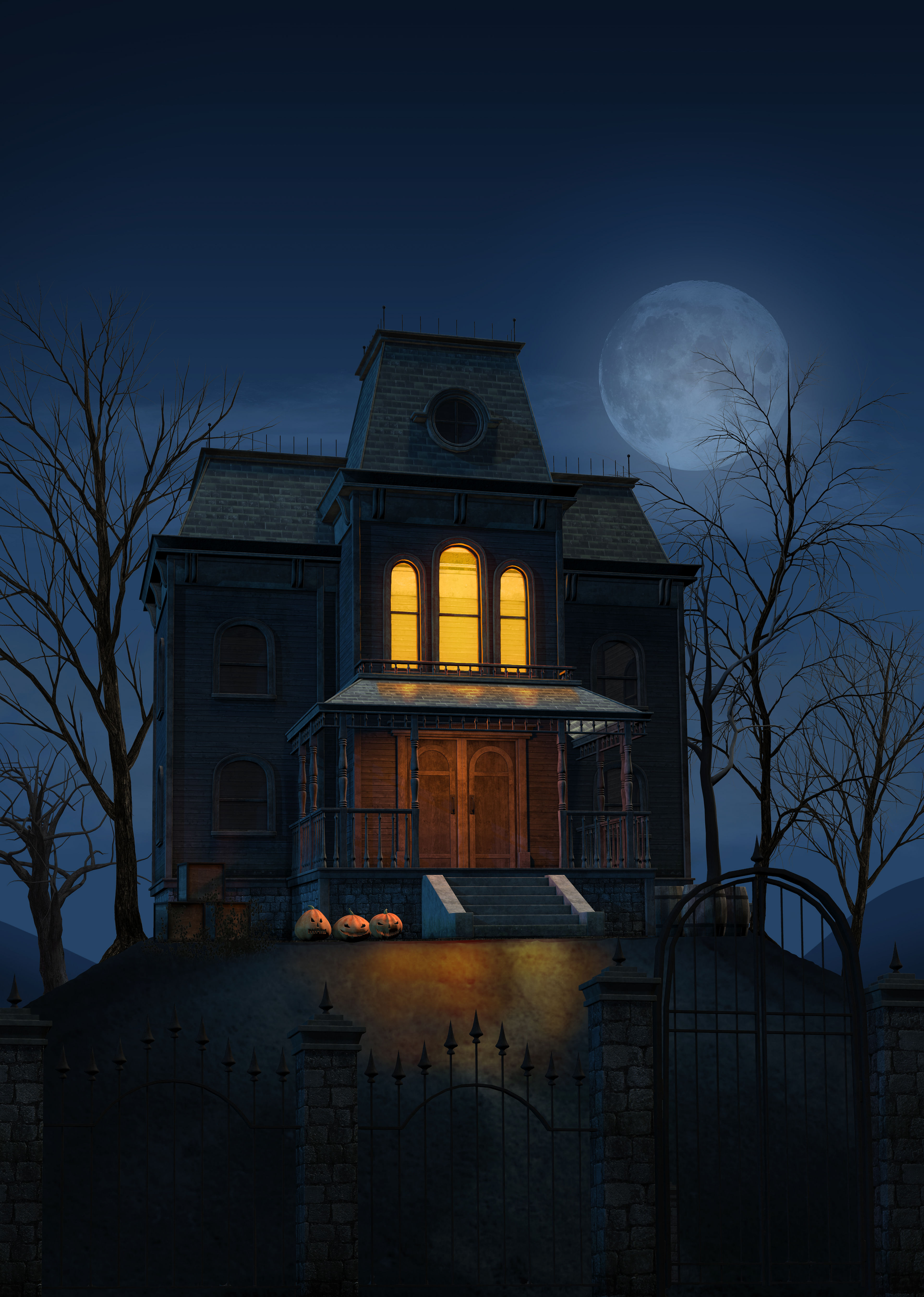 Halloween concept, a spooky haunted ghost house at full moon on a lonely hill, 3d render
Halloween concept, a spooky haunted ghost house at full moon on a lonely hill, 3d render.
