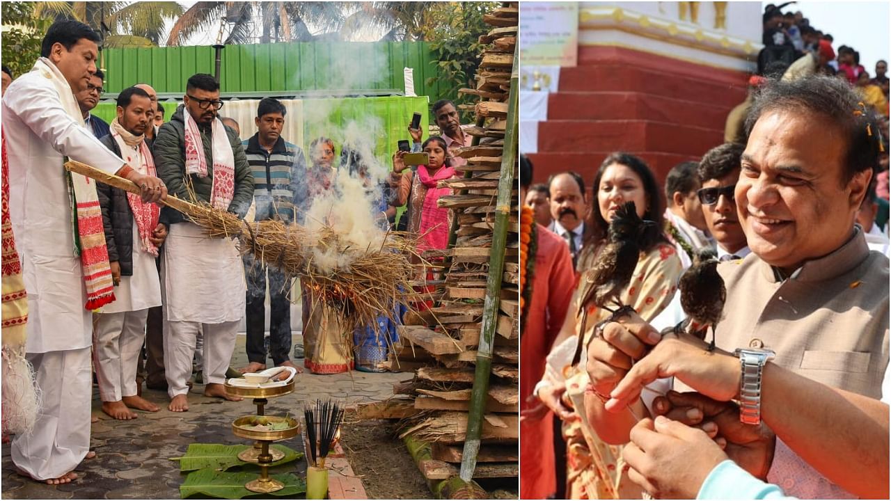 <div class="paragraphs"><p>Union Minister Sarbananda Sonowal sets the 'meji' on fire during the celebrations of Magh Bihu (Bhogali Bihu) celebrations, in Guwahati,(L) CM Himanta Biswa Sarma witnesses a traditional Bulbul fight.&nbsp;&nbsp;</p></div>