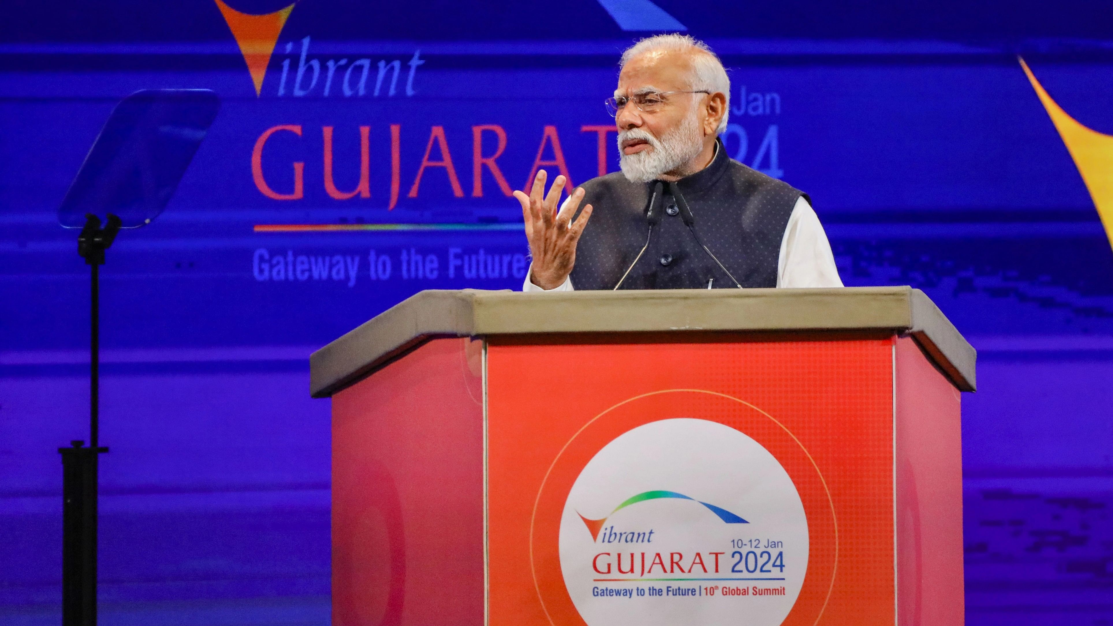 <div class="paragraphs"><p>Gandhinagar: Prime Minister Narendra Modi addresses during the Vibrant Gujarat Global Summit 2024, in Gandhinagar, Wednesday, Jan. 10, 2024. ()(PTI01_10_2024_000084A)</p></div>
