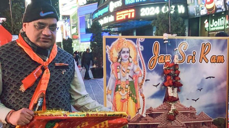 <div class="paragraphs"><p>Hindu devotees at Times Square during celebrations ahead of Ayodhya's Ram temple consecration ceremony, in New York, USA.</p></div>