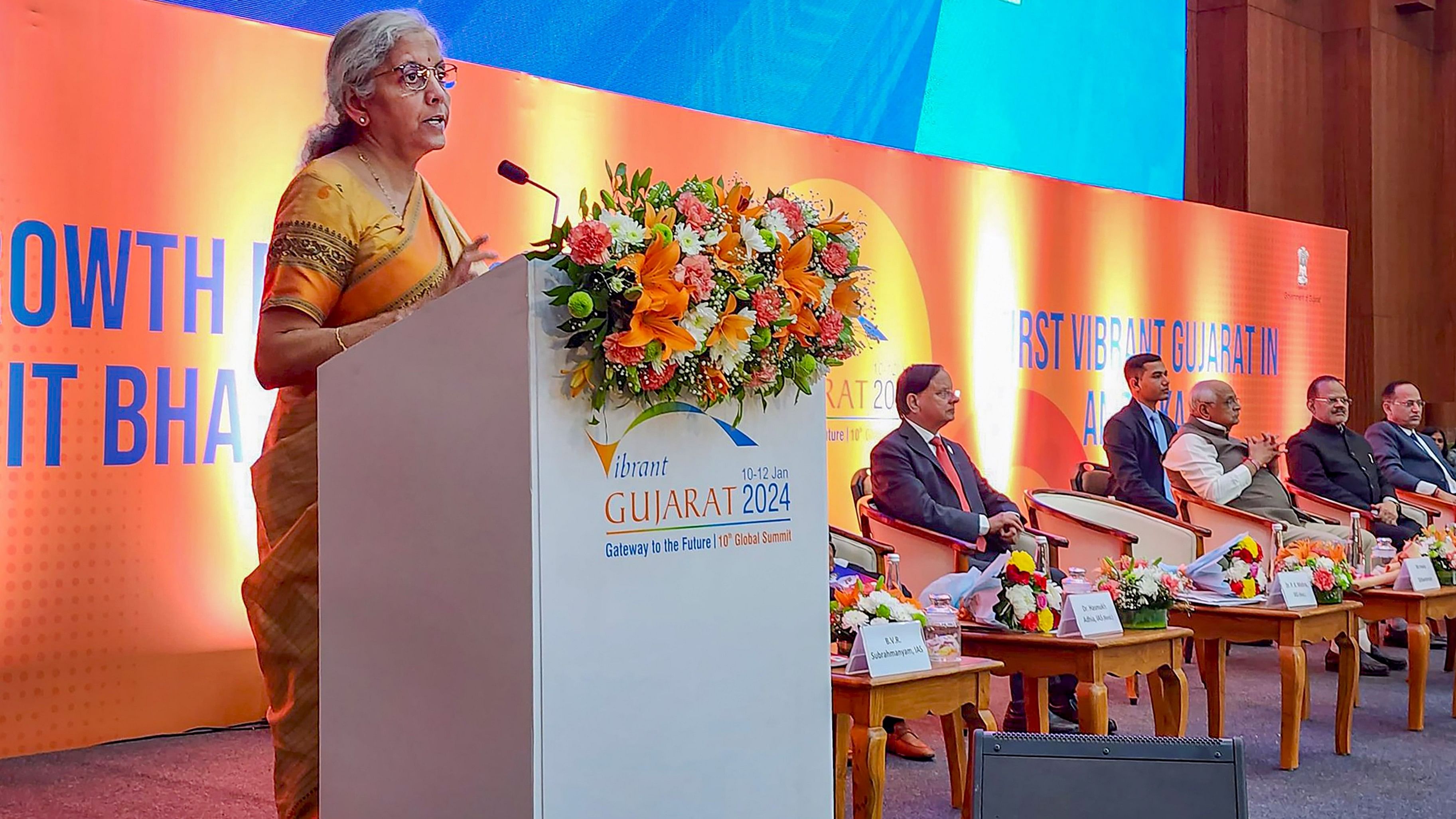 <div class="paragraphs"><p>FM Nirmala Sitharaman speaking at&nbsp;the Vibrant Gujarat Global Summit 2024, in Gandhinagar, on Wednesday. </p></div>