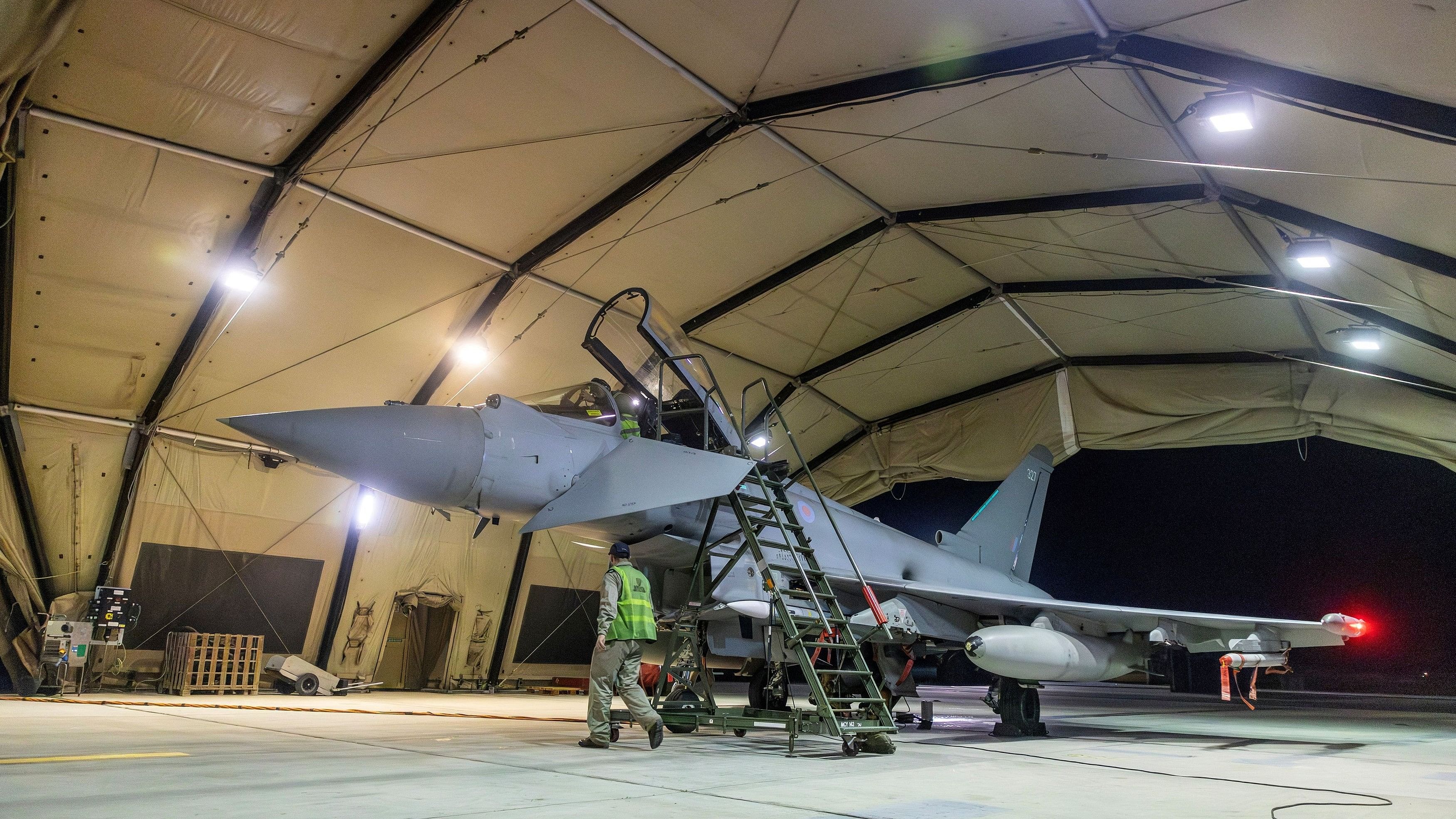 <div class="paragraphs"><p>An RAF Typhoon aircraft is pictured at RAF Akrotiri following its return after striking military targets in Yemen during the U.S.-led coalition operation, aimed at the Iran-backed Houthi.</p></div>