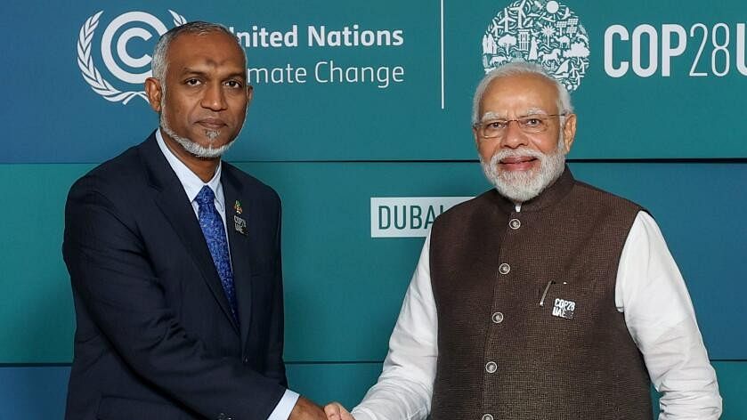 <div class="paragraphs"><p>Prime Minister Narendra Modi in a meeting with President of Maldives Mohamed Muizzu during the COP28, in UAE.</p></div>