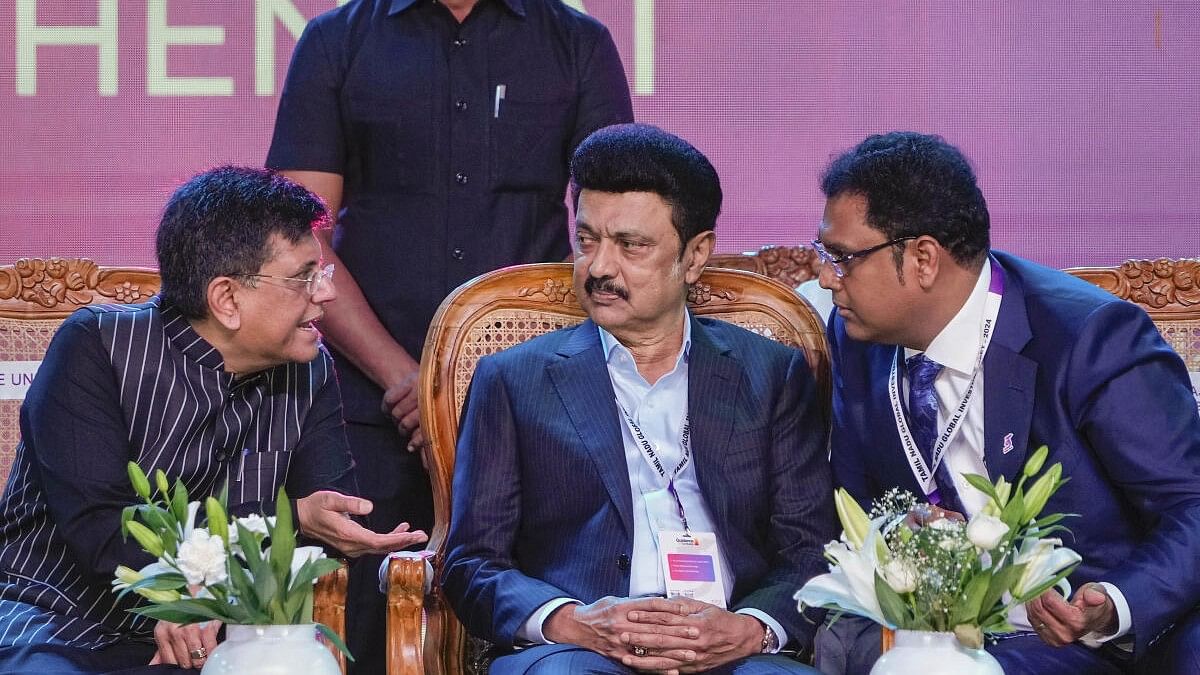 <div class="paragraphs"><p>Union Commerce Minister Piyush Goyal with Tamil Nadu Chief Minister MK Stalin at the inauguration of the Global Investors Meet 2024, at Nandambakkam in Chennai, Sunday, Jan. 7, 2024.</p></div>