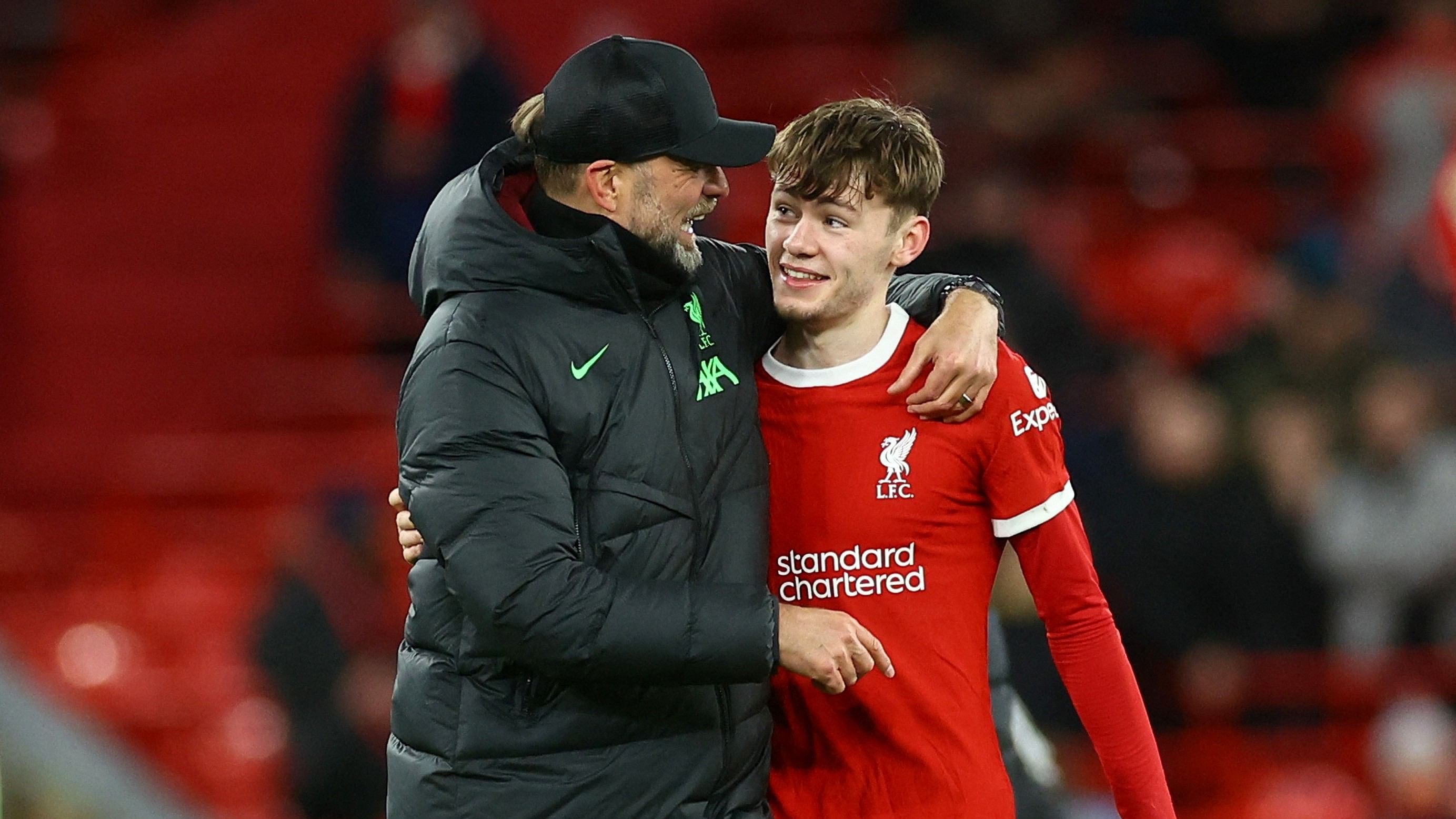 <div class="paragraphs"><p> Liverpool manager Juergen Klopp and Conor Bradley celebrate after the match.</p></div>