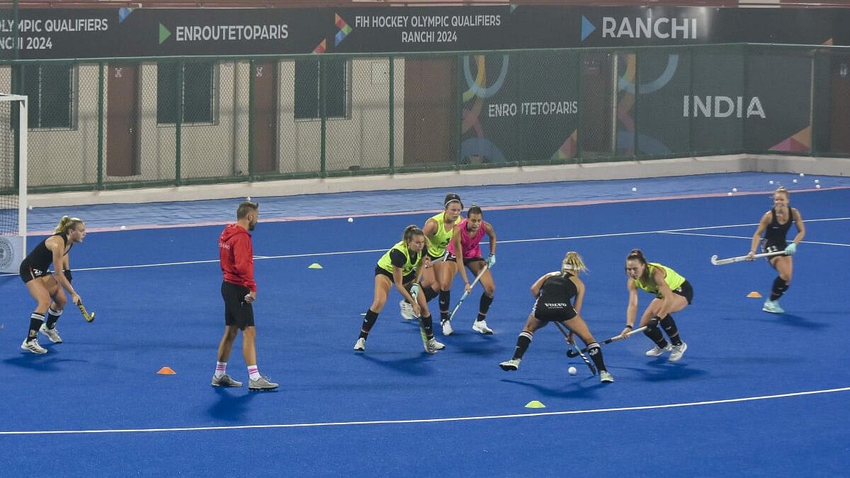 <div class="paragraphs"><p>Women's hockey players of Germany during a training session ahead of the FIH Hockey Olympic Qualifiers 2024 match, in Ranchi.&nbsp;</p></div>