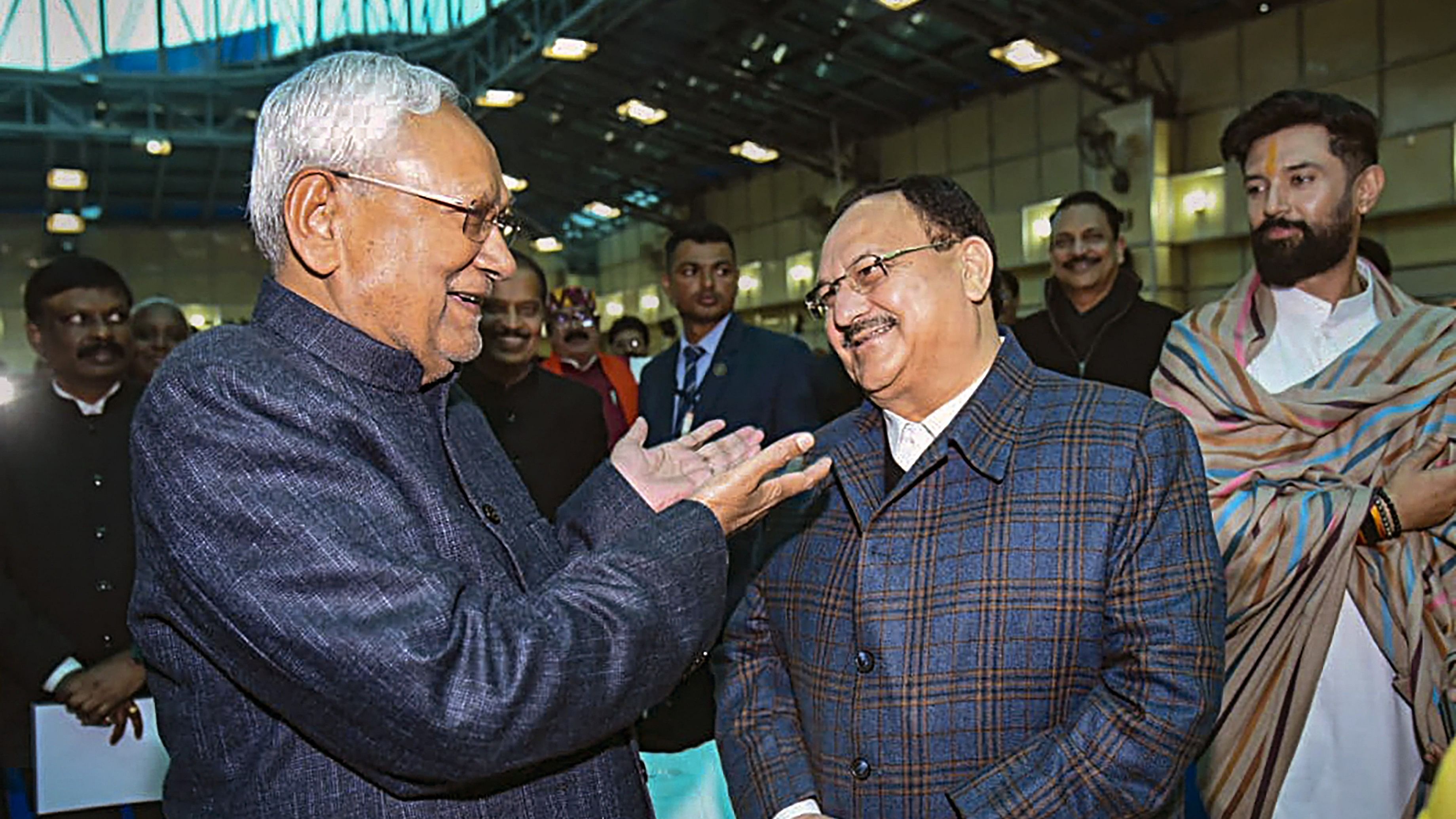 <div class="paragraphs"><p>Patna: BJP National President JP Nadda and JD(U) leader and former Bihar CM Nitish Kumar during the swearing-in ceremony of new state government, at Raj Bhavan in Patna, Sunday, Jan. 28, 2024.   </p></div>