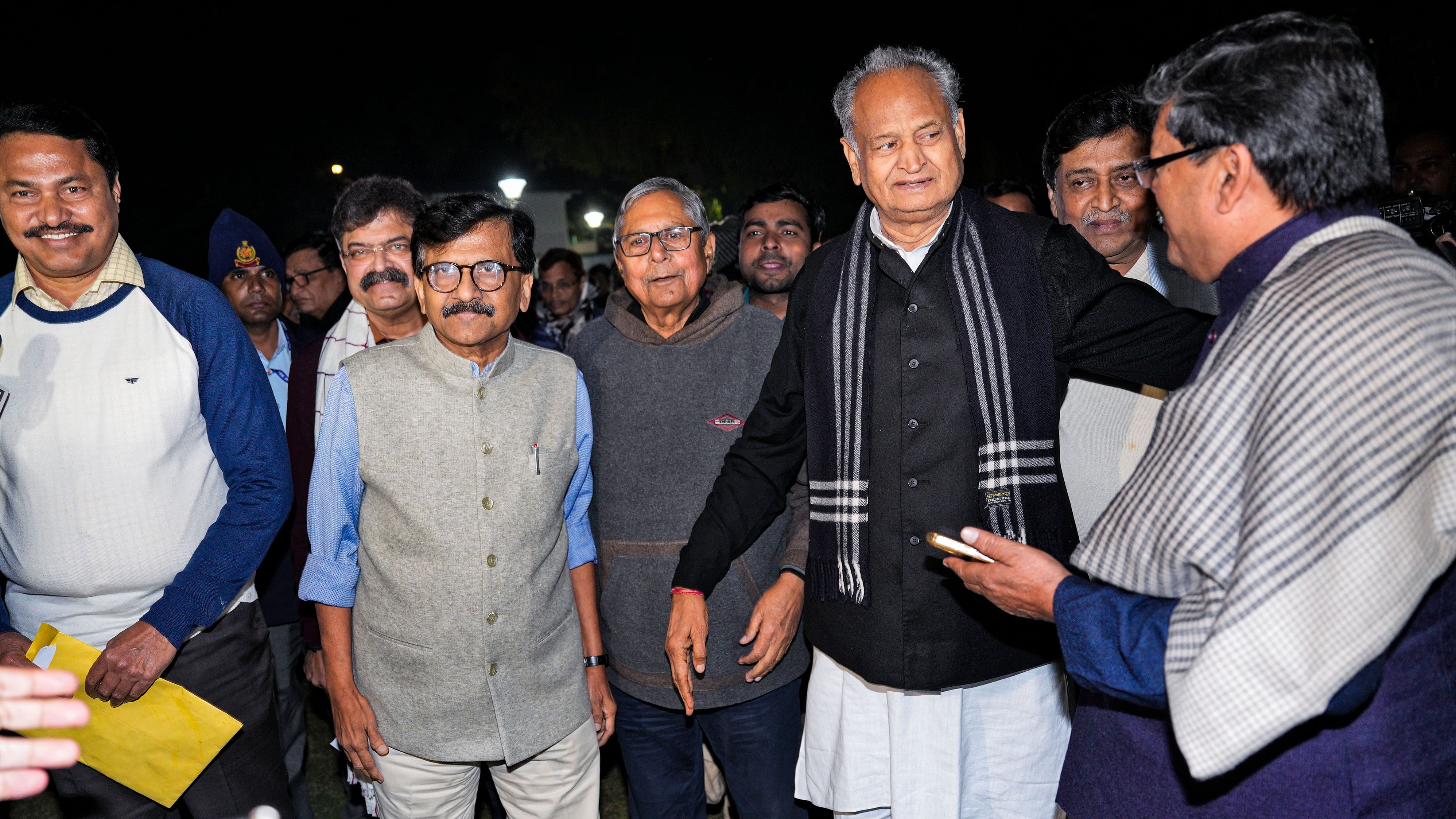 <div class="paragraphs"><p>Congress leaders Ashok Gehlot, Mukul Wasnik, Shiv Sena (UBT) MP Sanjay Raut with and other opposition leaders after an INDIA bloc meeting on seat-sharing ahead of Lok Sabha polls, in New Delhi, Tuesday, Jan 9, 2024.</p></div>