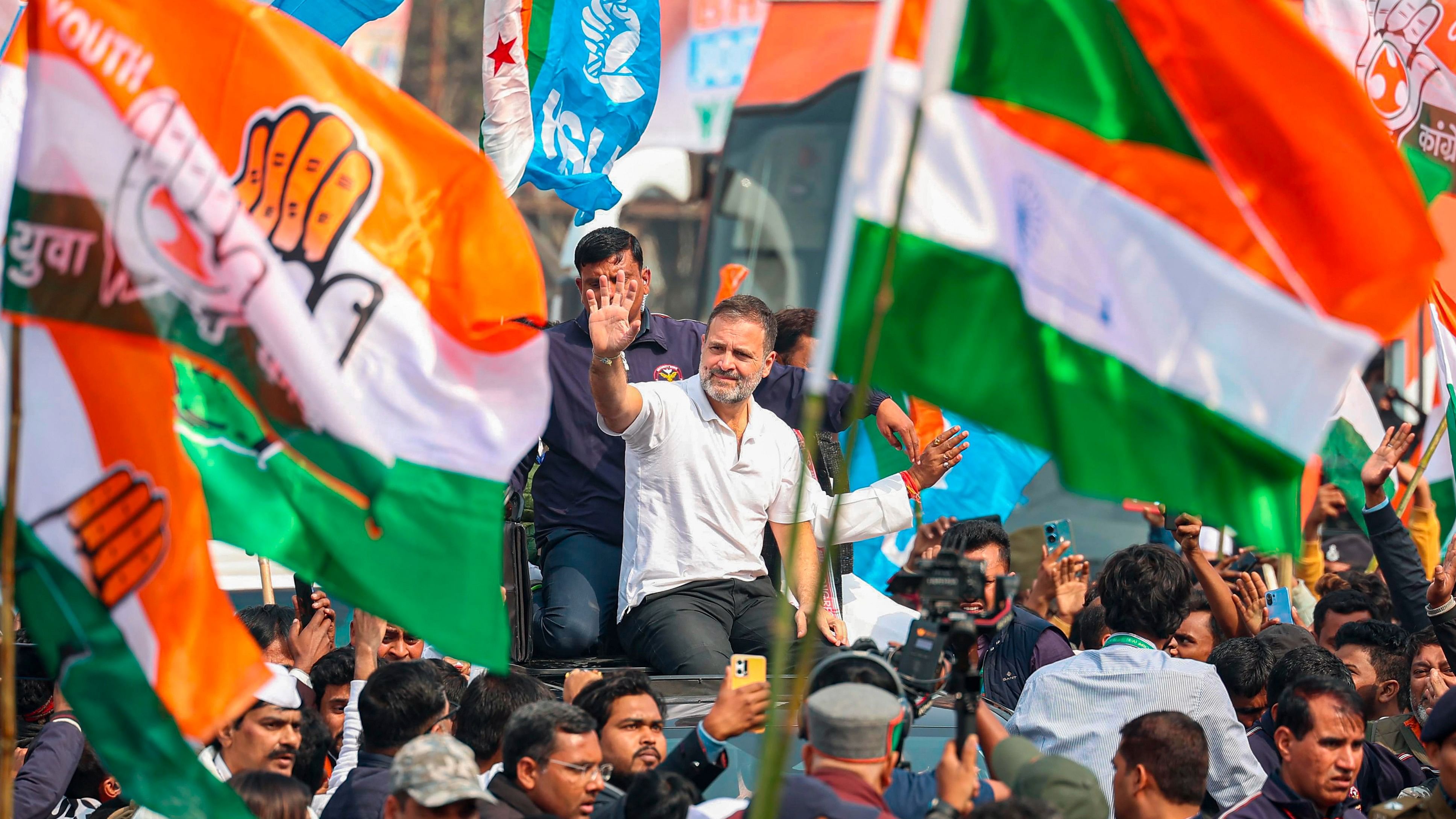 <div class="paragraphs"><p>File Photo: Rahul Gandhi gestures to supporters during the Bharat Jodo Nyay Yatra.</p></div>