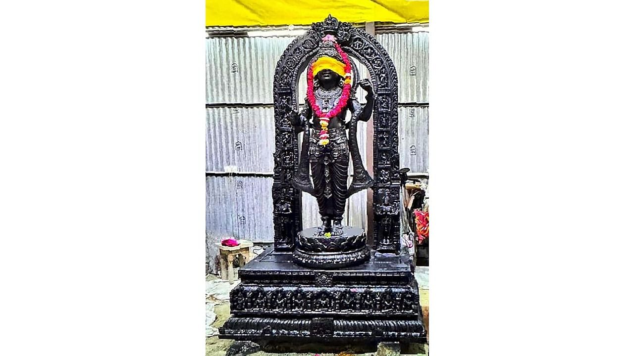 <div class="paragraphs"><p>The Ram Lalla idol at the Shri Ram Janmbhoomi Mandir ahead of its 'Pran Pratishthan' ceremony.</p></div>