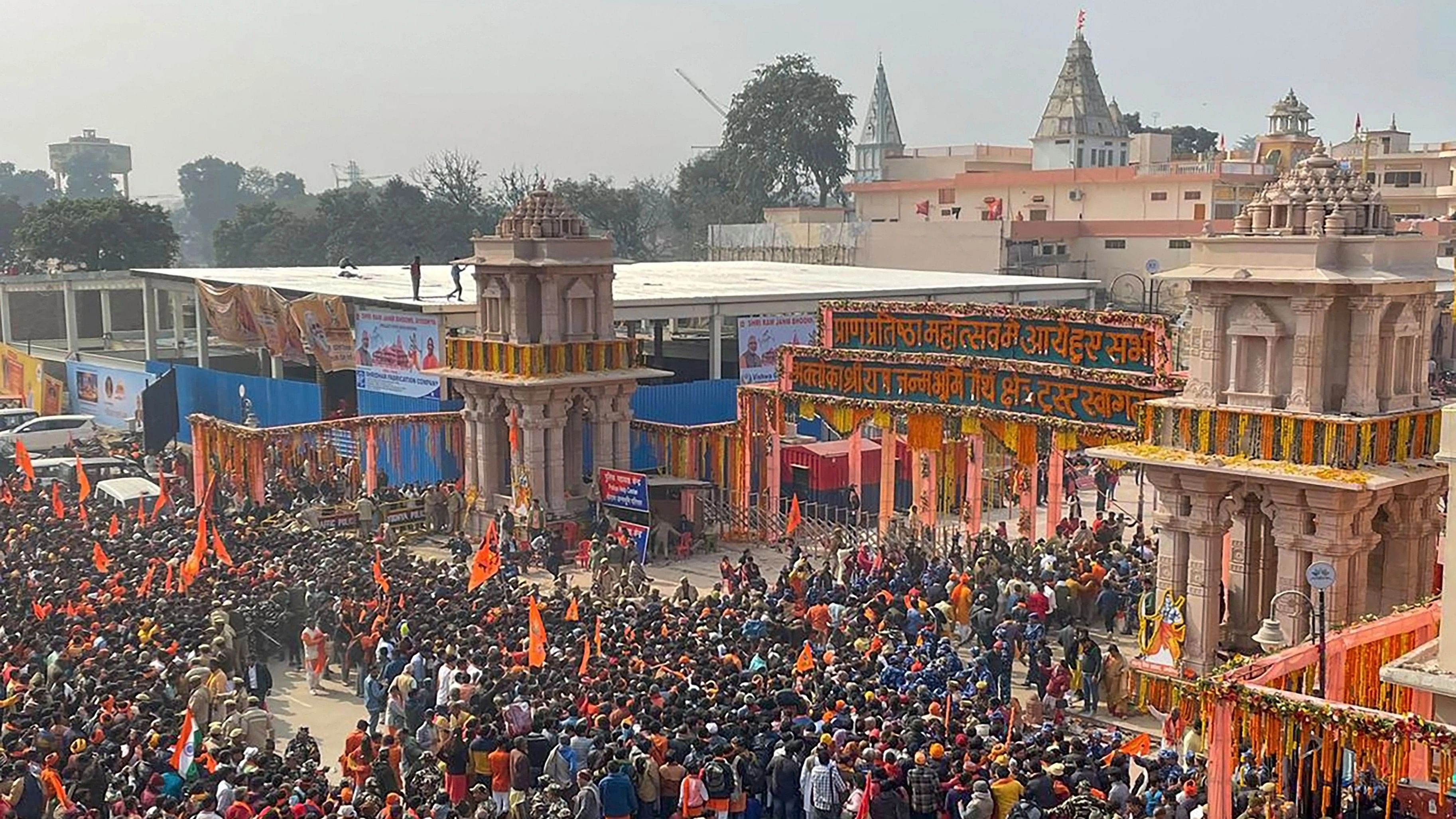 <div class="paragraphs"><p>A massive crowd at the main gateway leading to the Ram temple complex, as it opened its doors to the general public a day after the consecration ceremony, in Ayodhya, Tuesday, Jan. 23, 2024.</p></div>